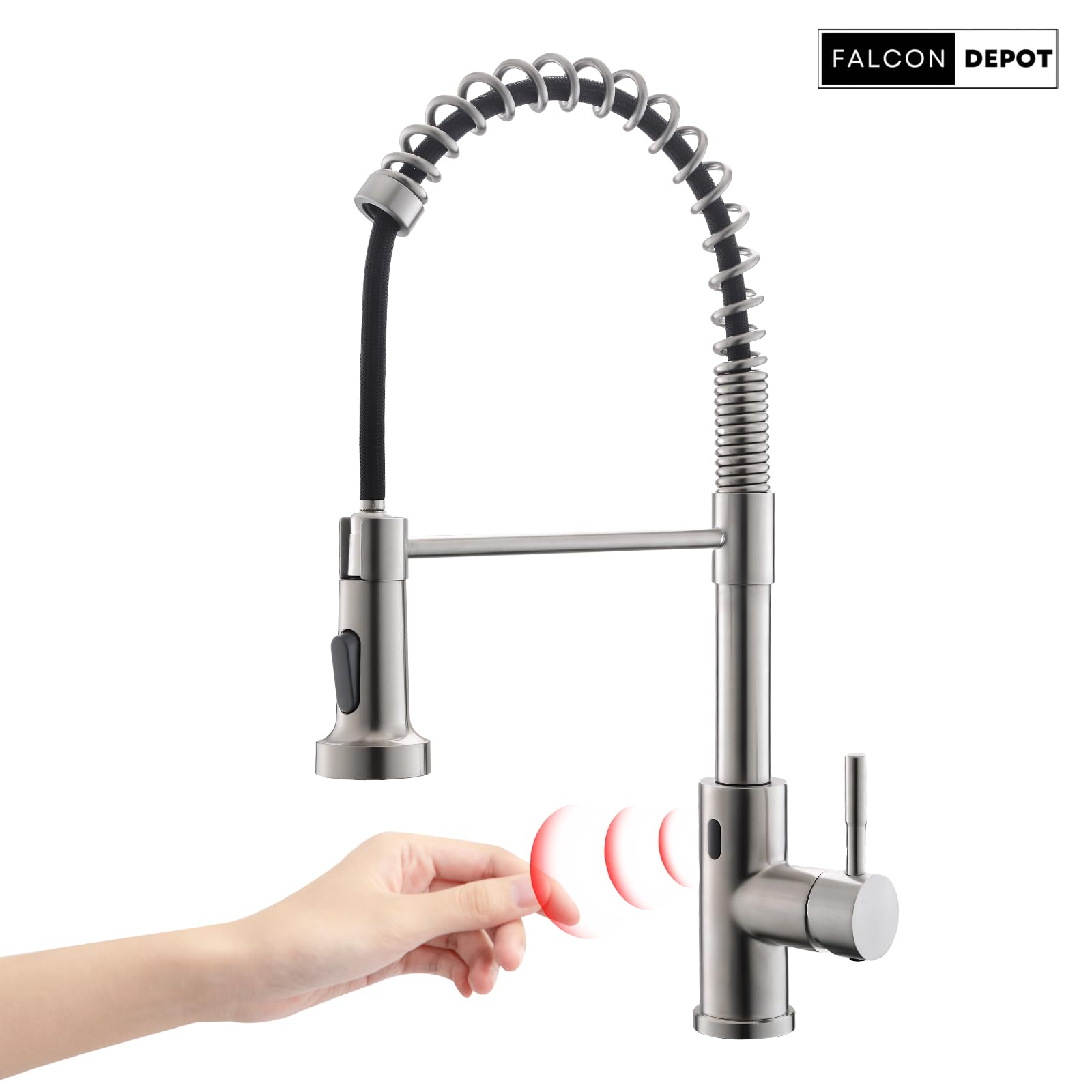 Falcon Depot Touchless Kitchen Faucet With Pull-Down Sprayer – Motion Sensor, Hands- Smart Activated Single-Hole Spring Faucet For Kitchen Sink – Brushed Nickel. 20" Inches Hight