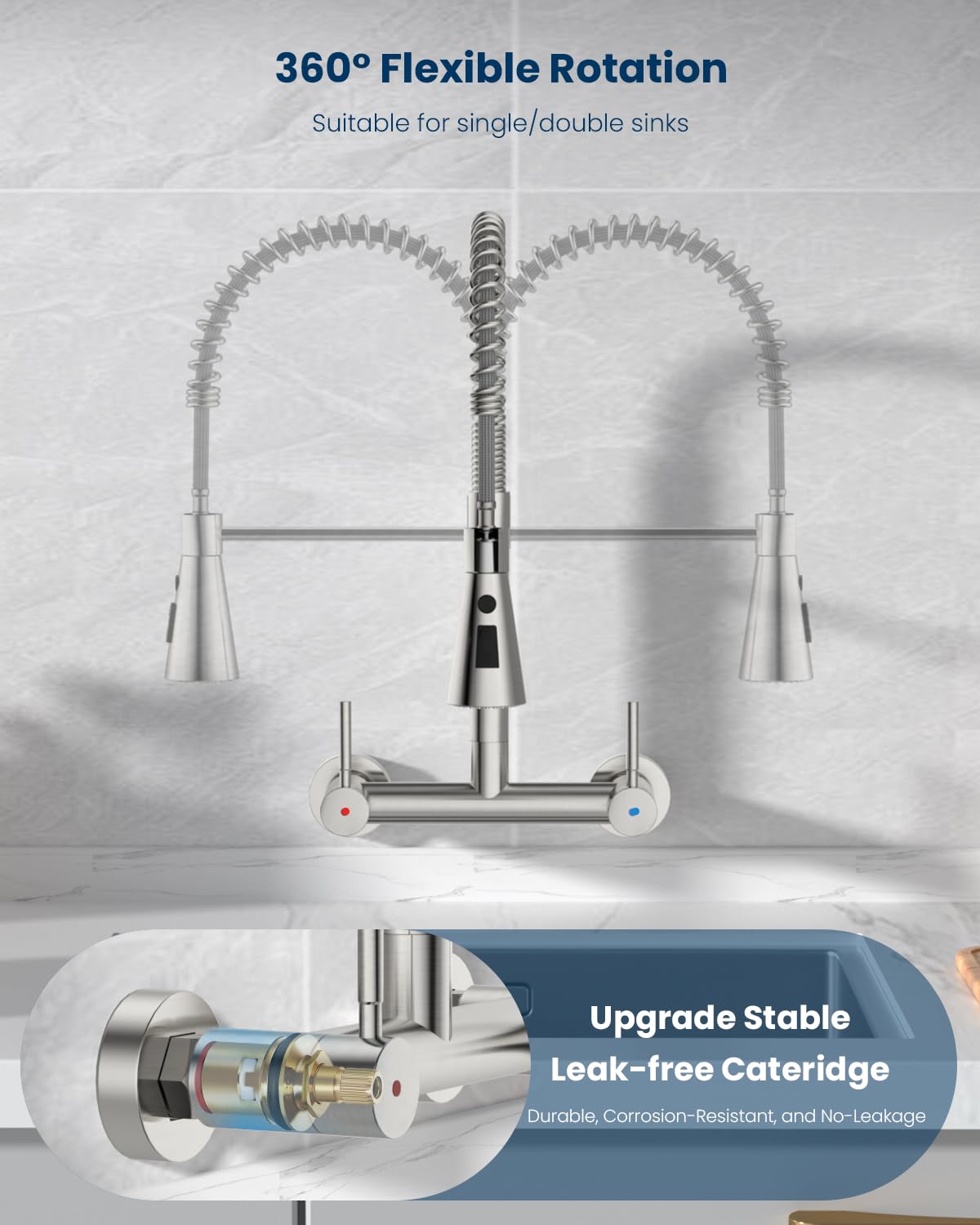 Ajo Bend Wall Mount Kitchen Faucet 2 Handles, 8 Inch Center Wall Commercial Utility Sink Faucet With Pull Out Sprayer 3 Modes, Stainless Steel, Brushed Nickel