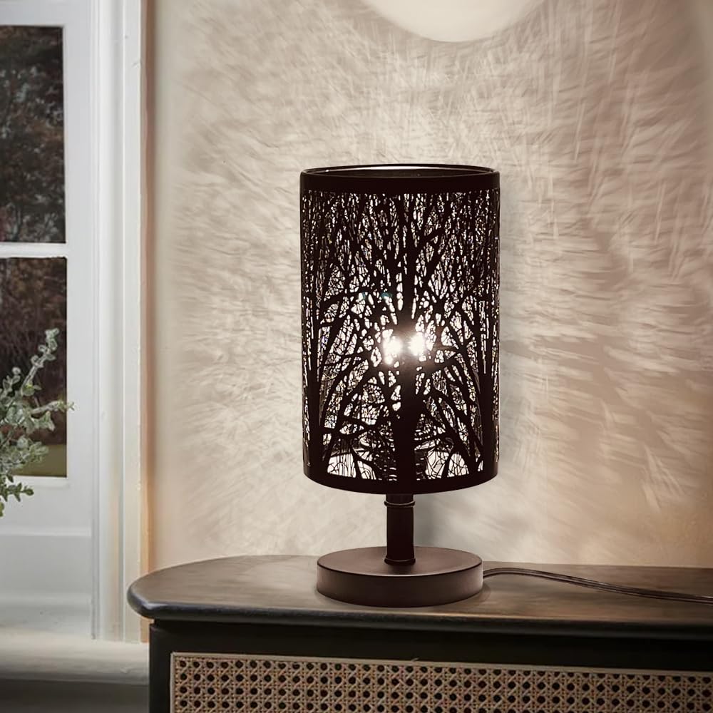 Amyoxu Table Lamps Bedside Nighting Light Decorative Nightstand Lamp For Bedroom, Living Room, Black Metal Shade Forest Lighting