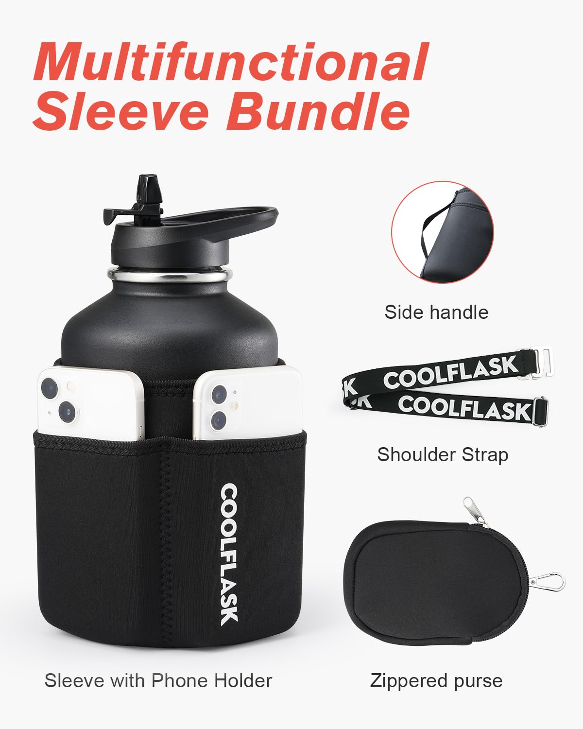 Coolflask 64 Oz Insulated Water Bottle With Strap & Sleeve, Half Gallon Water Jug 3 Lids Stainless