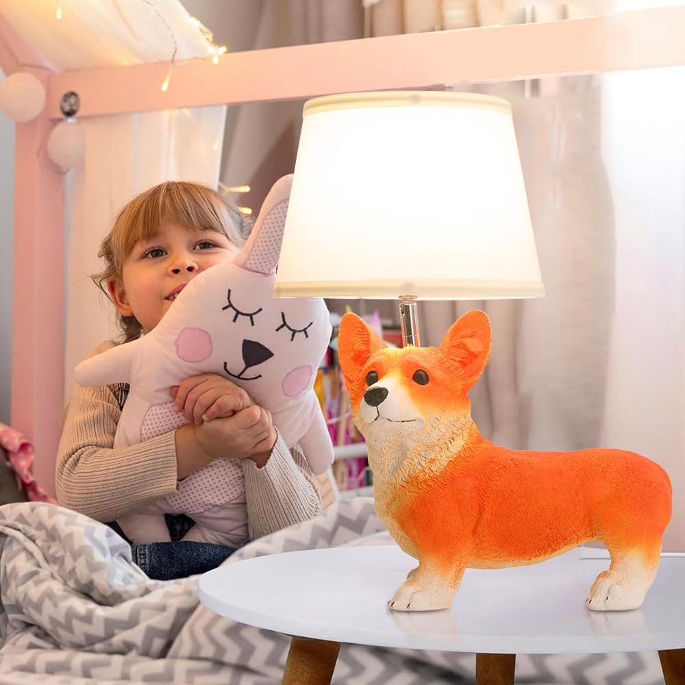 Yltlink Corgi Cute Desk Lamp,Animal Lamp,Resin Dog Statue Puppy Bedside Lamps For Bedroom,Unique Table Lamps Home Office,Room Light For Kids Adults,360°Rotating Fabric Lampshade,Fun Livingroom Decor