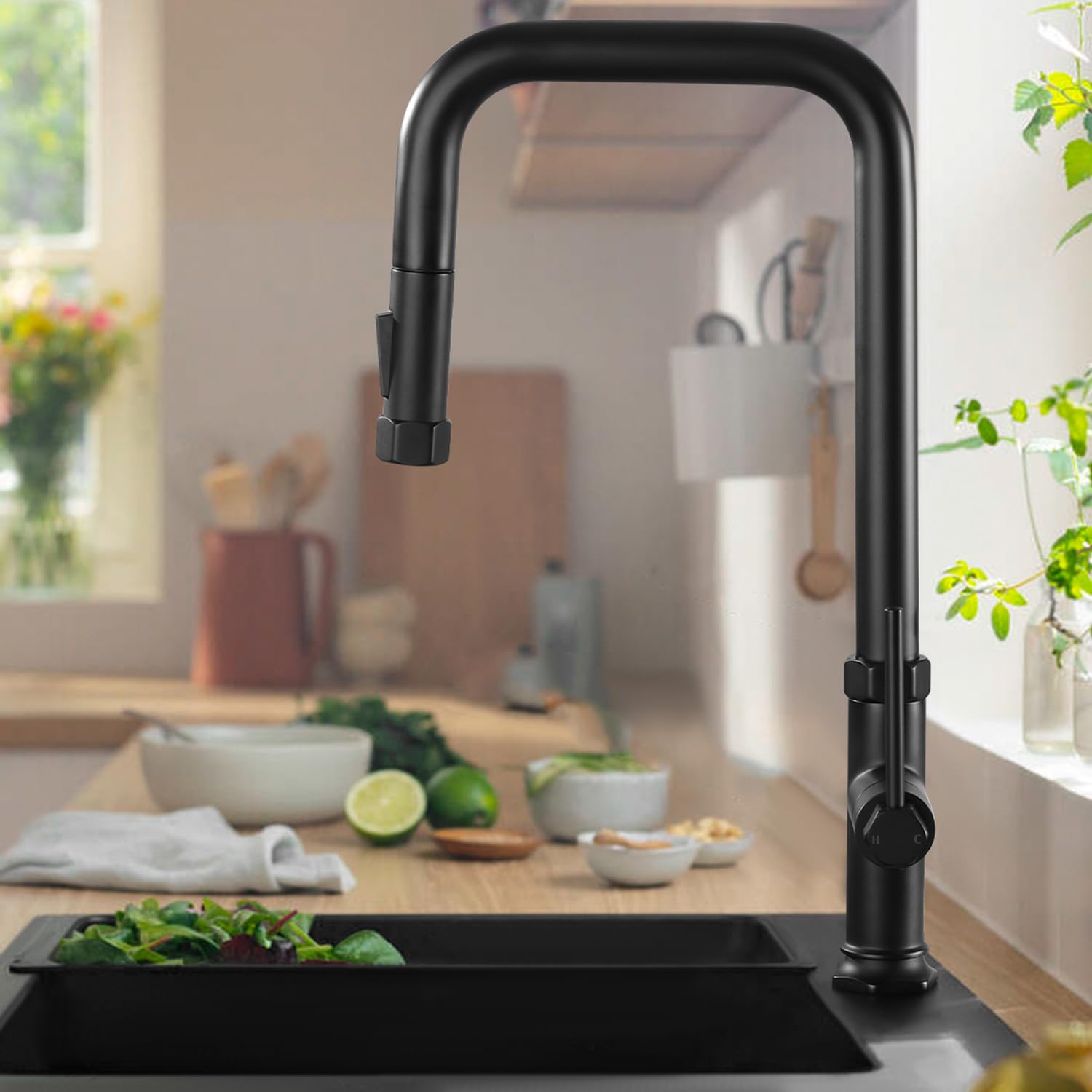 Hoanmpy Kitchen Faucets With Pull Down Sprayer Finishes Vintage Colours Kitchen Faucets, 17 Inch Brass Faucet For Kitchen Sink With Deck Plate (Matte Black)