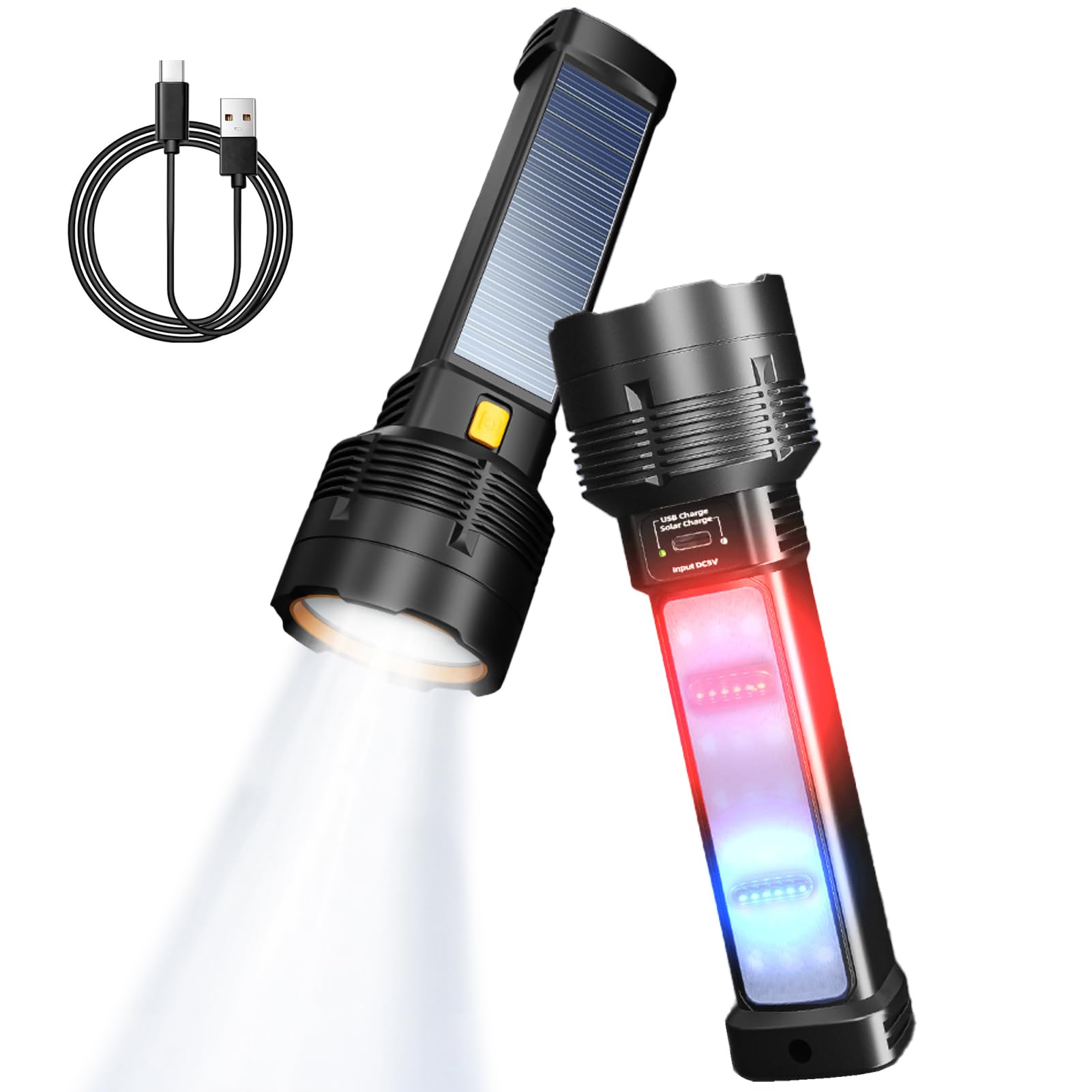 Mllnfue 2Pcs Solar Flashlight Rechargeable 1500 Lumen Led Flashlight With Emergency Strobe And 2000 Mah Battery With Fast Usb Charging For Emergency, Camping