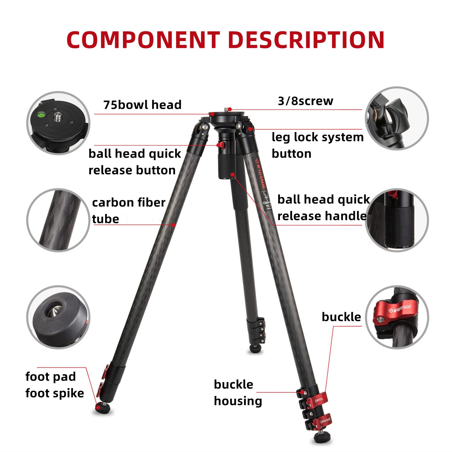 Ifootage Gazelle Tc9 Carbon Camera Tripod, 65" Professional Video Tripod 3 Sections With Quick Release Handle,Compatible With Dslr Camcorder