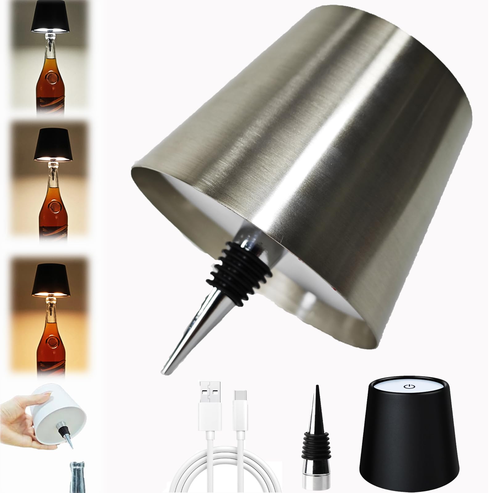 Neioaas Wireless Bottle Lamp, 3 Color Stepless Dimming Usb Rechargeable Wine Bottle Lights, Touch Led, Silver