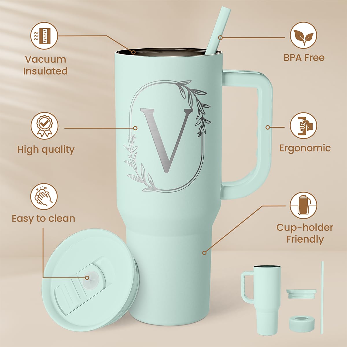 Personalized Monogrammed Tumbler With Handle 40Oz, Letter V Tumblers Insulated Coffee Travel Cup