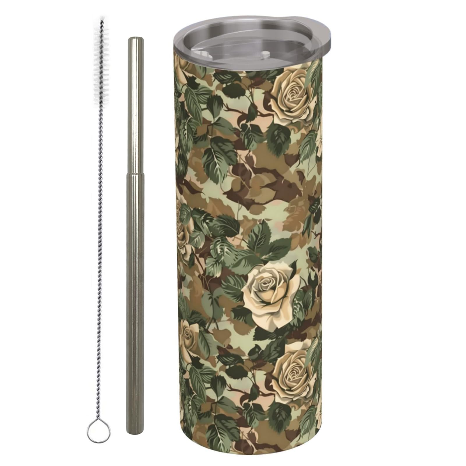 Camo Rose Stainless Steel Insulated Tumbler With Lid - 20Oz Camouflage Floral Travel Mug, Reusable
