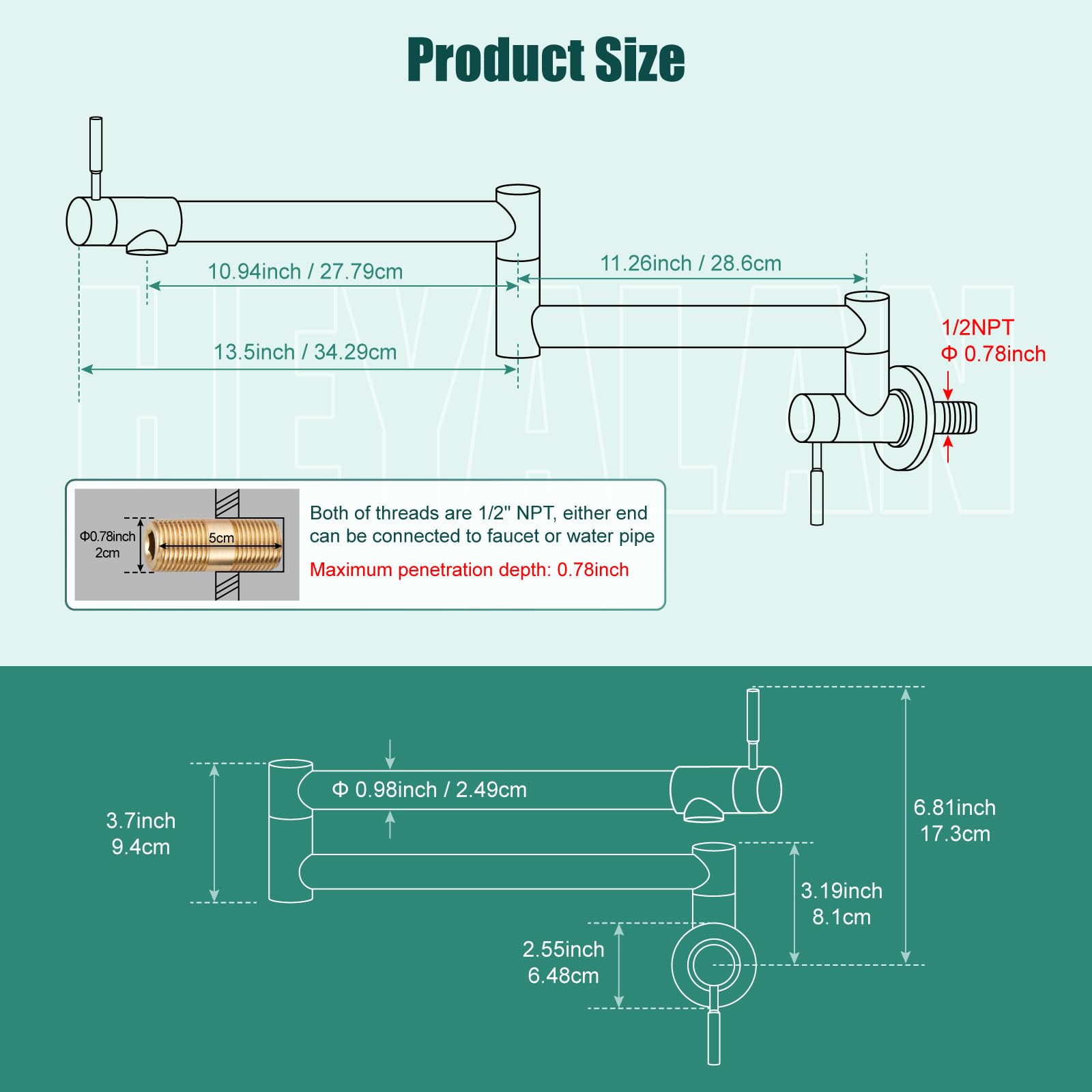 Heyalan Pot Filler Faucet Wall Mount Folding Kitchen Faucet With Double Joint Swing Arm Single Hole 2 Handles Commercial Npt Stainless Steel Separated Male Thread,24 Inch,Matte Black