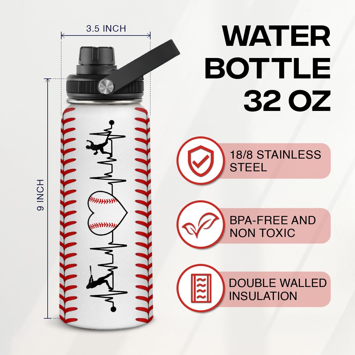 Sandjest Baseball Water Bottle 32Oz Stainless Steel Insulated Bottle For Men, Women