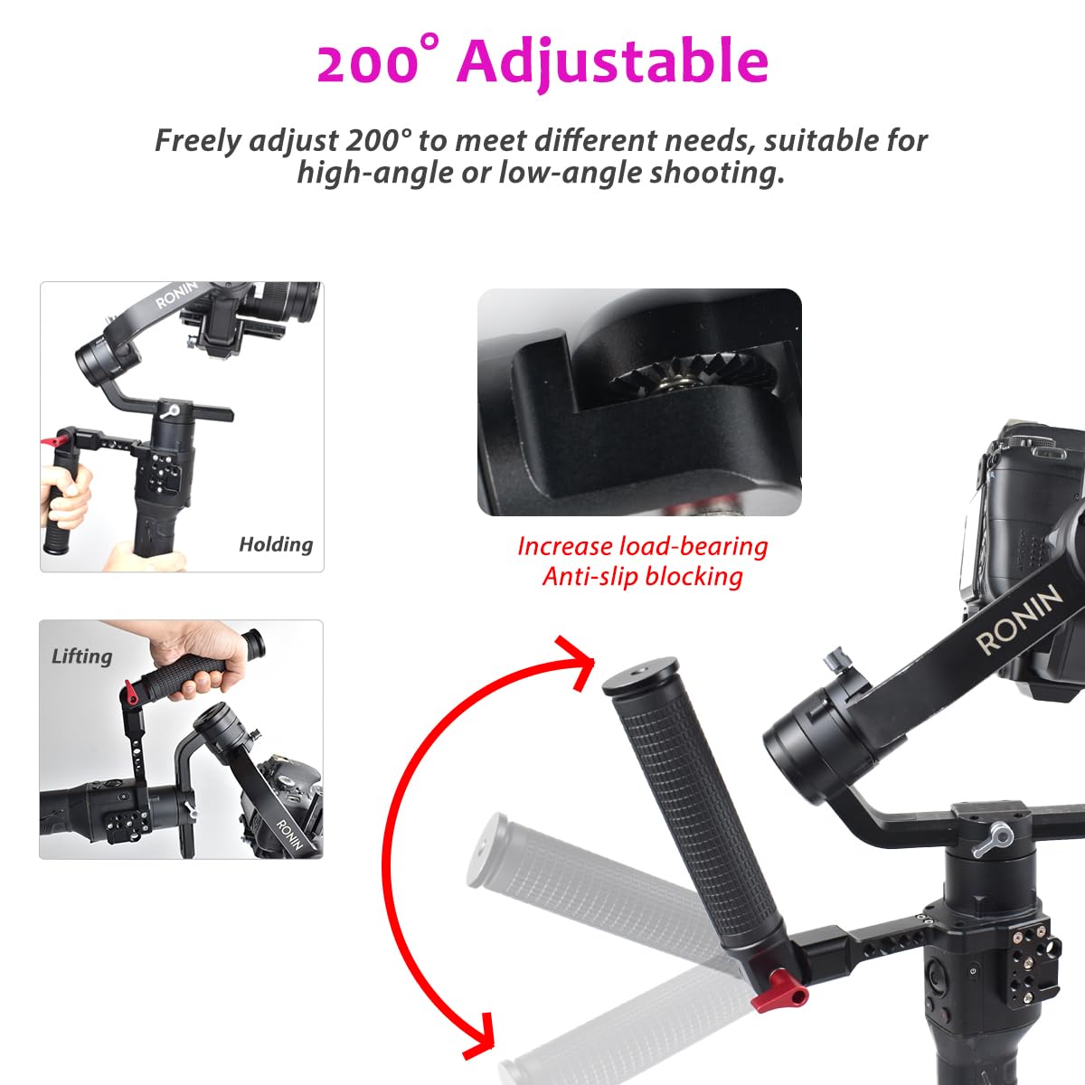 Akeipho Gimbal Grip Handle Handy Sling Handgrip For Dji Ronin S/Sc / Rsc2,Adjustable Gimbal Side Extension Cold Shoe Mount 1/4" 3/8" Holes Stabilizer Accessory Handle