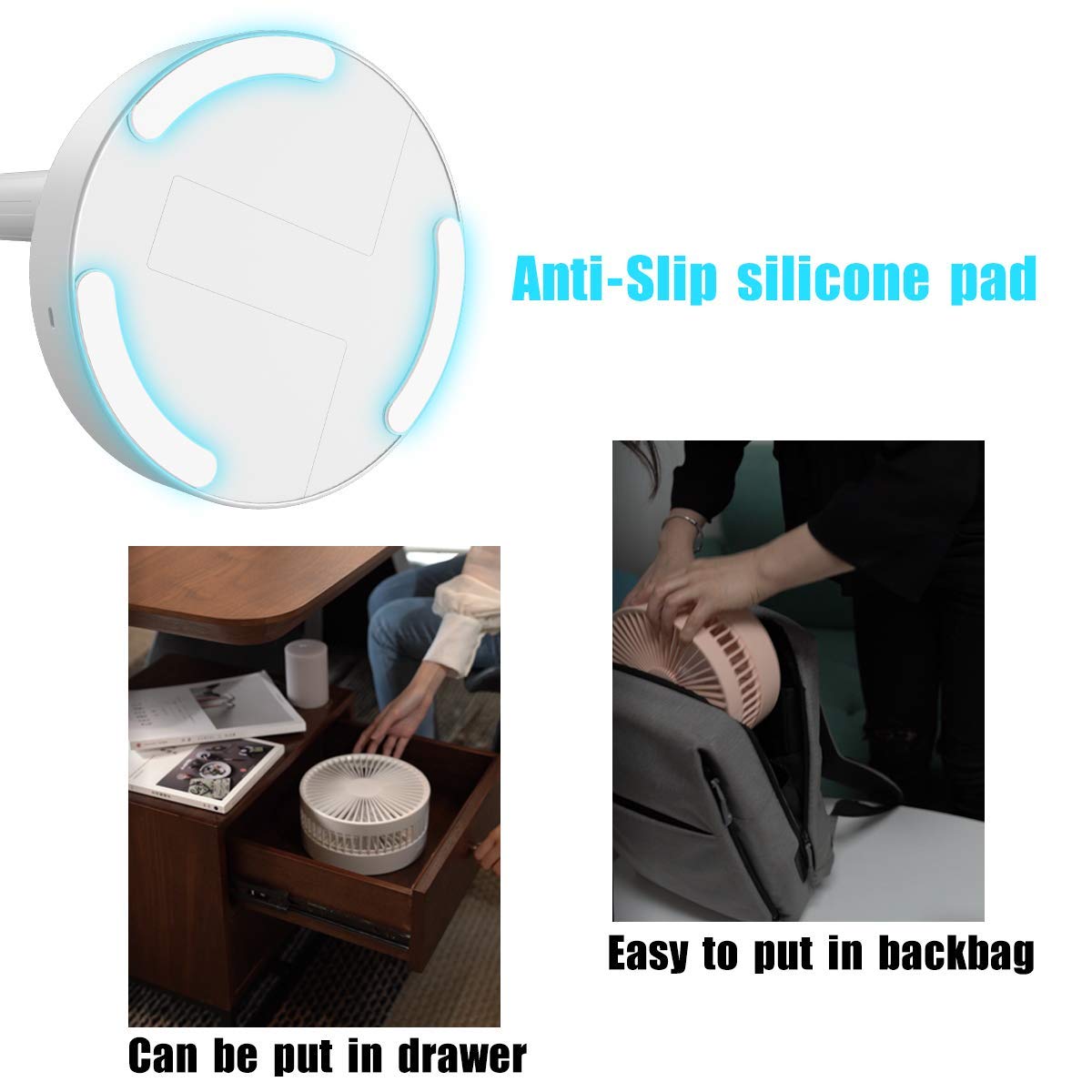 Portable Aicase floor fan with adjustable telescopic height, USB rechargeable, and 7200mAh battery