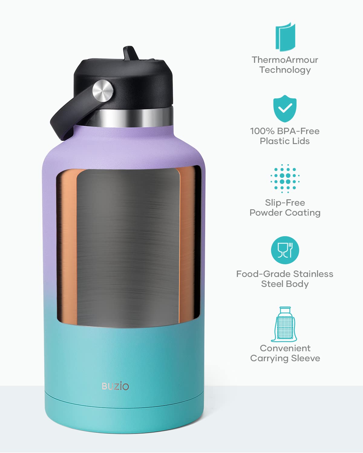 64Oz Insulated Water Bottle With Straw Spout Lid, Buzio Half Gallon Stainless Steel Water Bottles