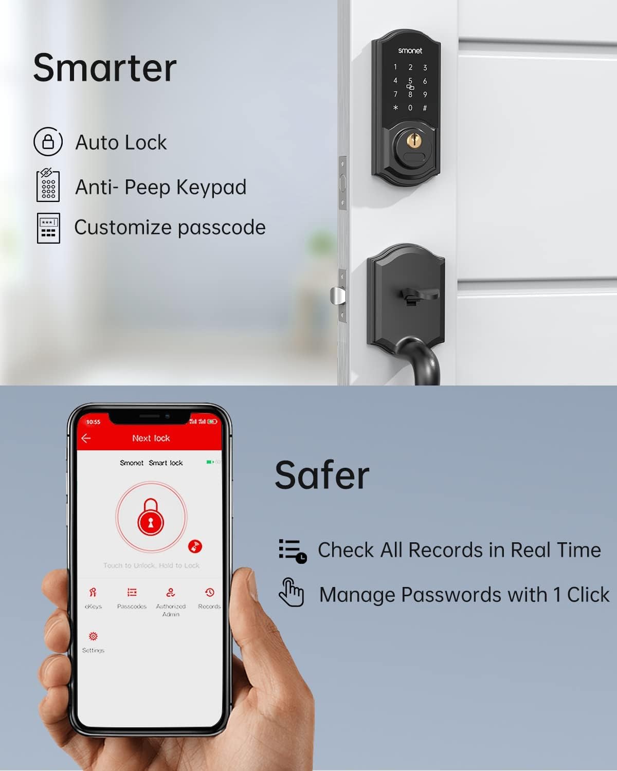 Smonet Smart Deadbolt, Keyless Entry Door Lock With Digital Keypad, Electronic Smart Locks For Front Door Bluetooth Touchscreen Lock Security, Remote Lock With Alexa And Gateway For Residential Home