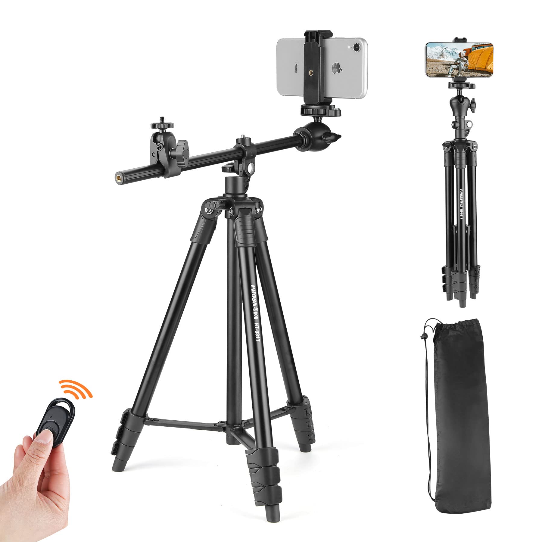 Phosnova 68" Cell Phone Tripod,Overhead Camera Tripod Stand With Remote,360° Rotation Horizontal Extendable Arm Iphone Stand For Recording/Webcam