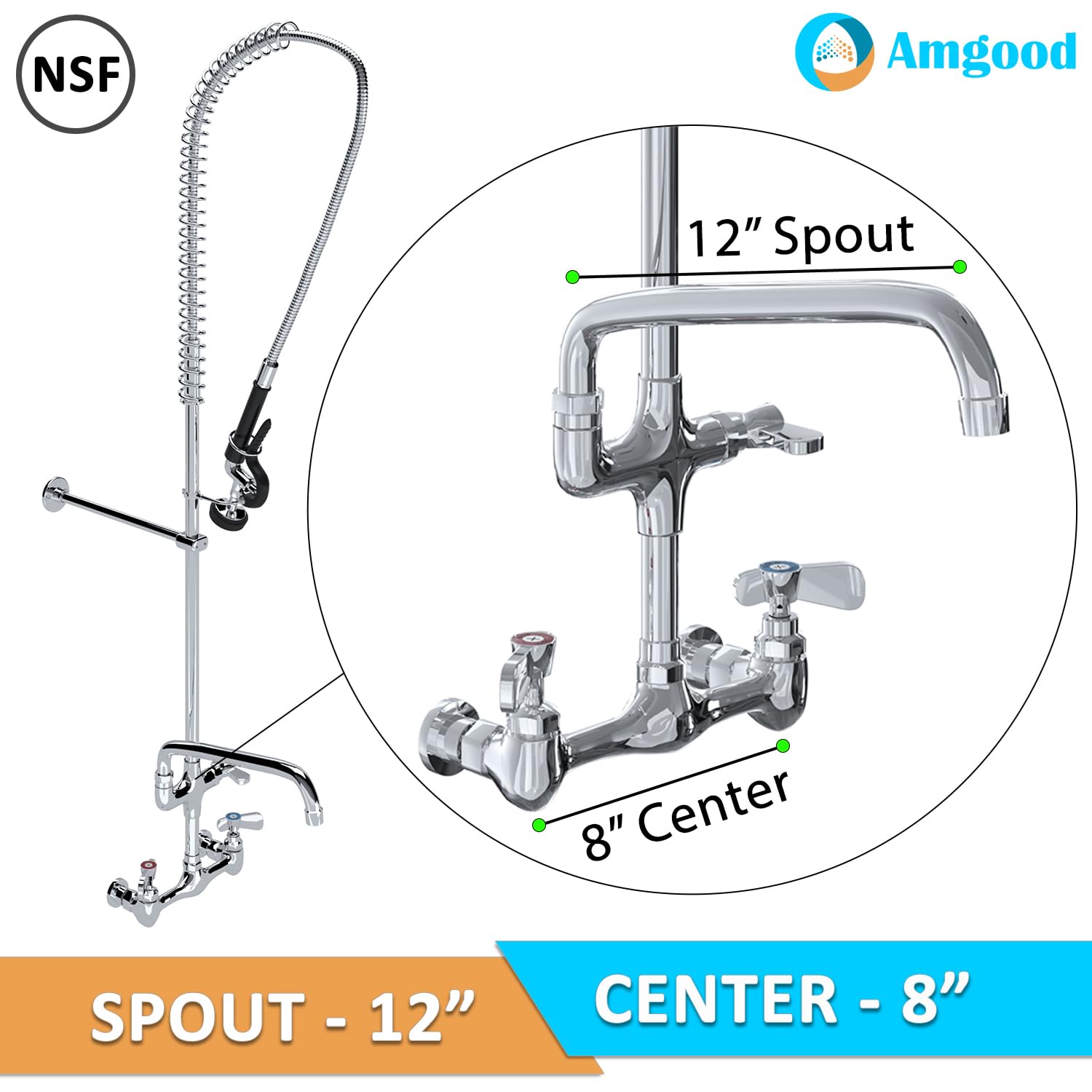 Amgood Wall-Mounted Pre-Rinse Faucet With 8 In. Centers And 12 In. Add-On Faucet
