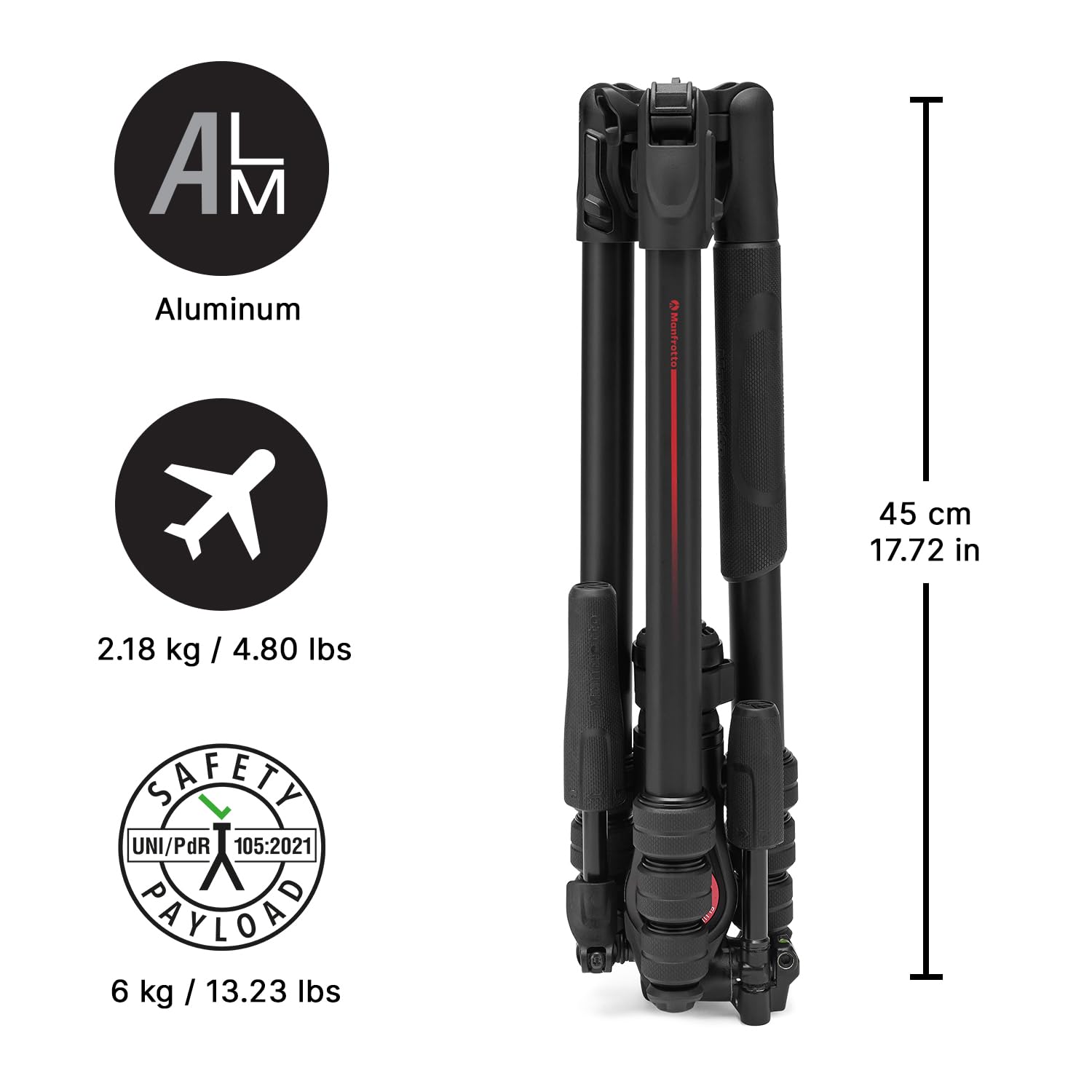 Manfrotto Be Gt Pro 4-Section Aluminum Travel Tripod With 3-Way Pan/Tilt Head, Black