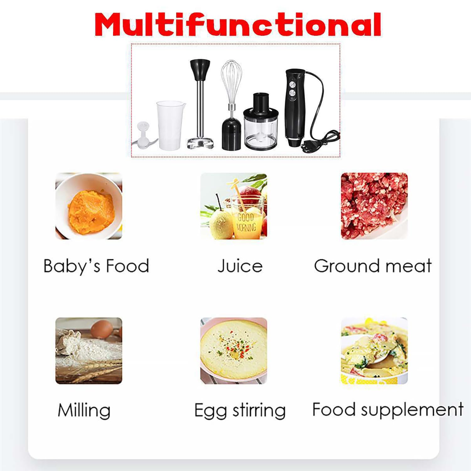 Liulikj Food Blender, 4-In-1 Household Handheld Food Cooking Stick With Ground Meat Cup, Low And High Speed Setting Suitable For Home Kitchens To Prepare Children'S Food, Soups And Sauces