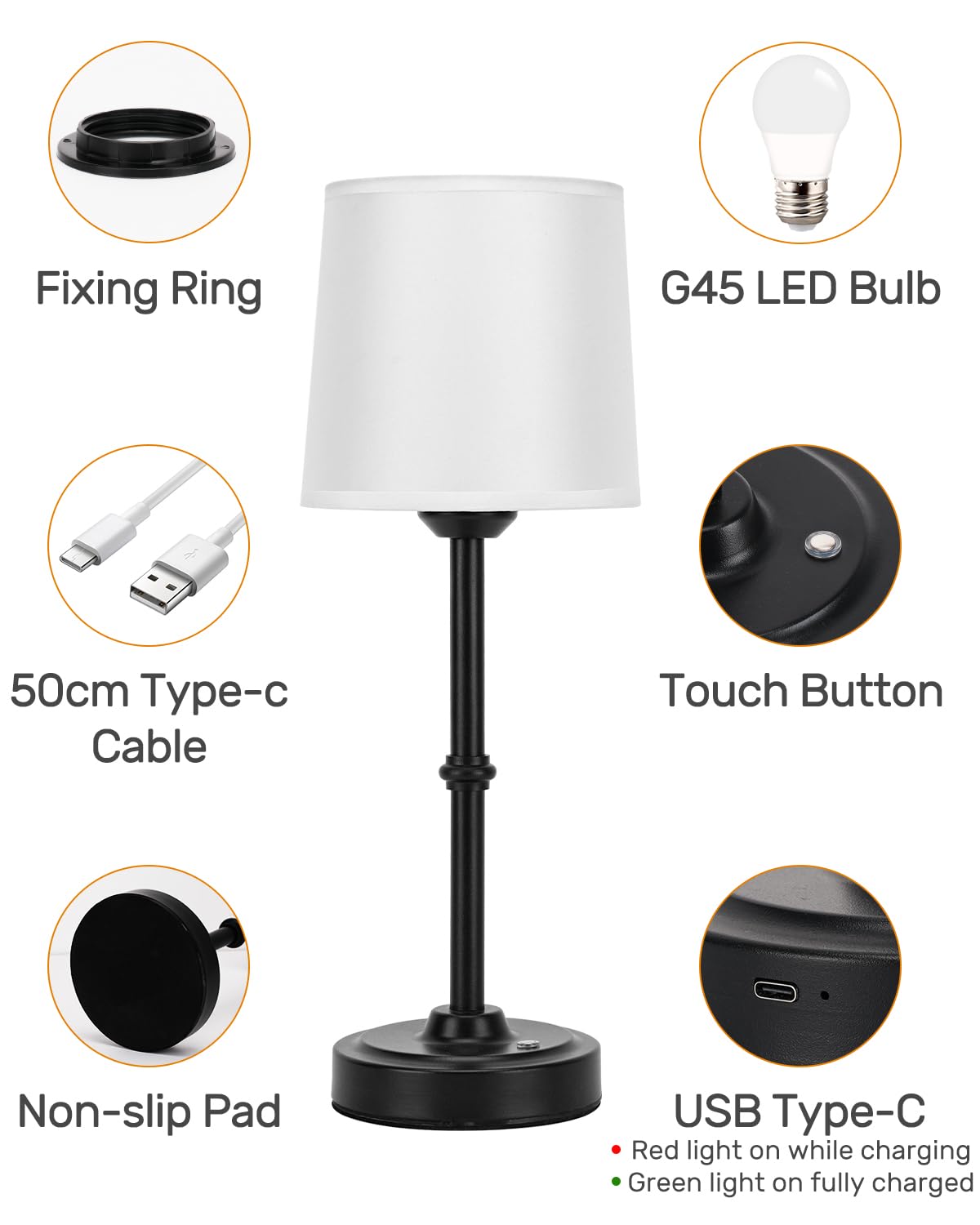 Yogaret Black Cordless Lamp For Home Dinner,3000K Stepless Dimming Touch Control Wireless Lamp For Bedroom, Dining Table, Counter, Living Room