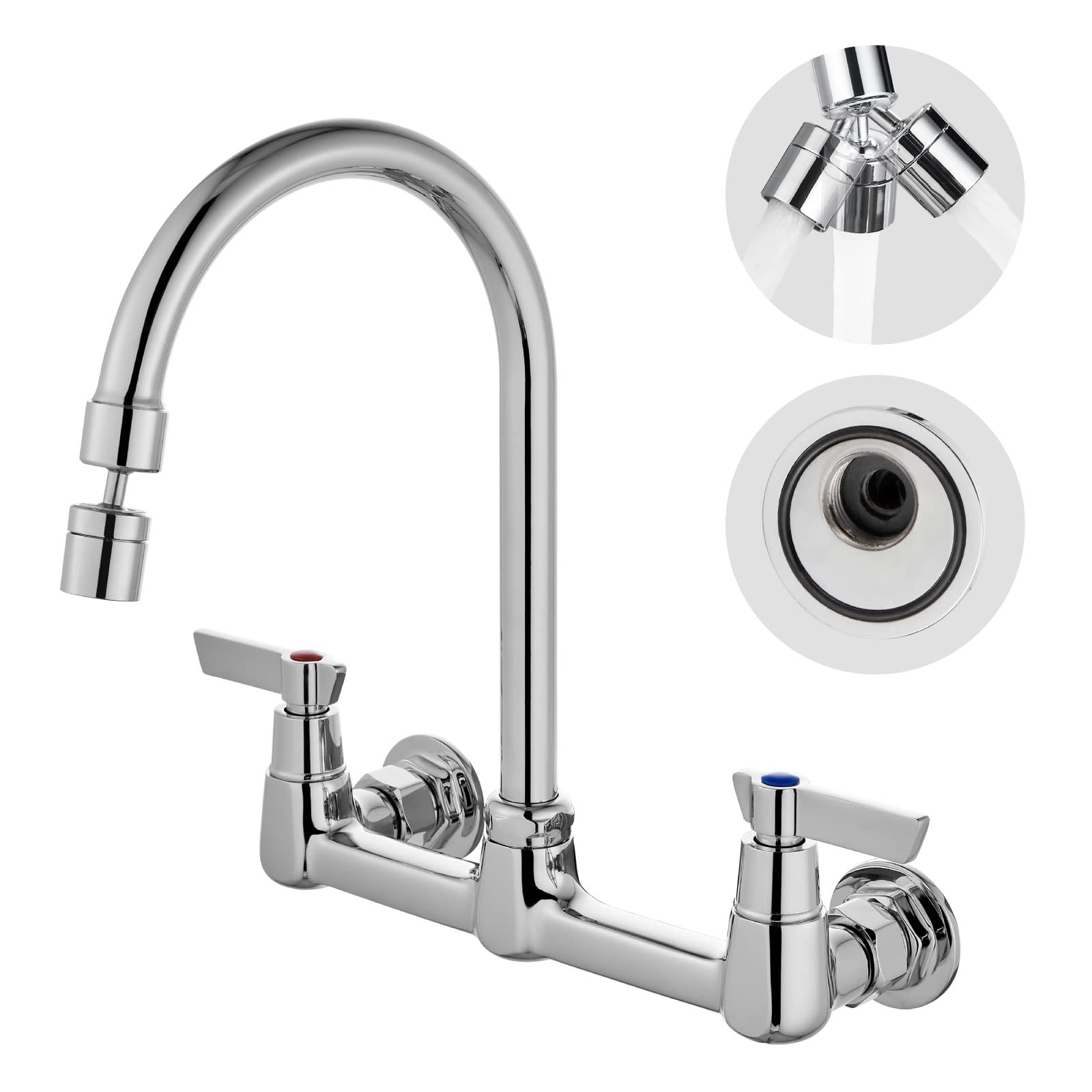 Airuida Wall Mount Kitchen Sink Faucet Wall Mounted Faucet 8 Inches Center Commercial Kink Tap 2 Handle Laundry Room Restaurant Compartment Sink Swivel Spout Without Adapters Chrome Polish