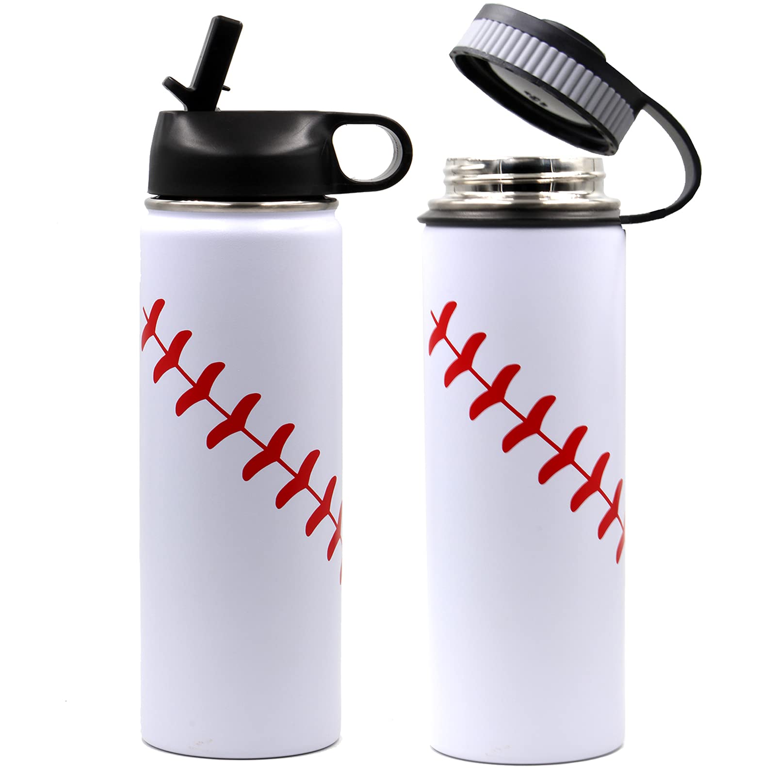 22 Oz Baseball Water Bottle, Flask Sports Metal Thermo Tumbler With 2 Lids, Stainless Steel Double