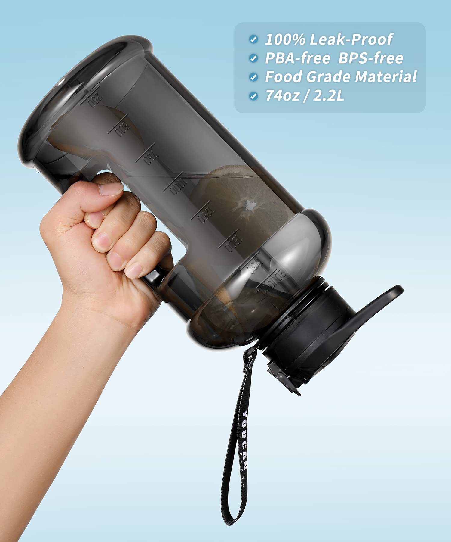 Youcan Plato 74 Oz Half Gallon Water Bottle With Sleeve-Large Water Bottle -Big Gym Water Bottle