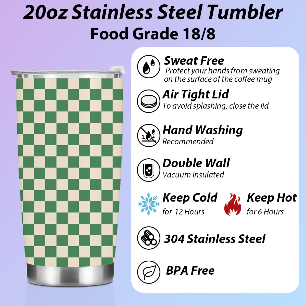 Vintage Green Checkered Tumbler Plaid Coffee Mug Insulated Stainless Steel Thermal Cup With Lid