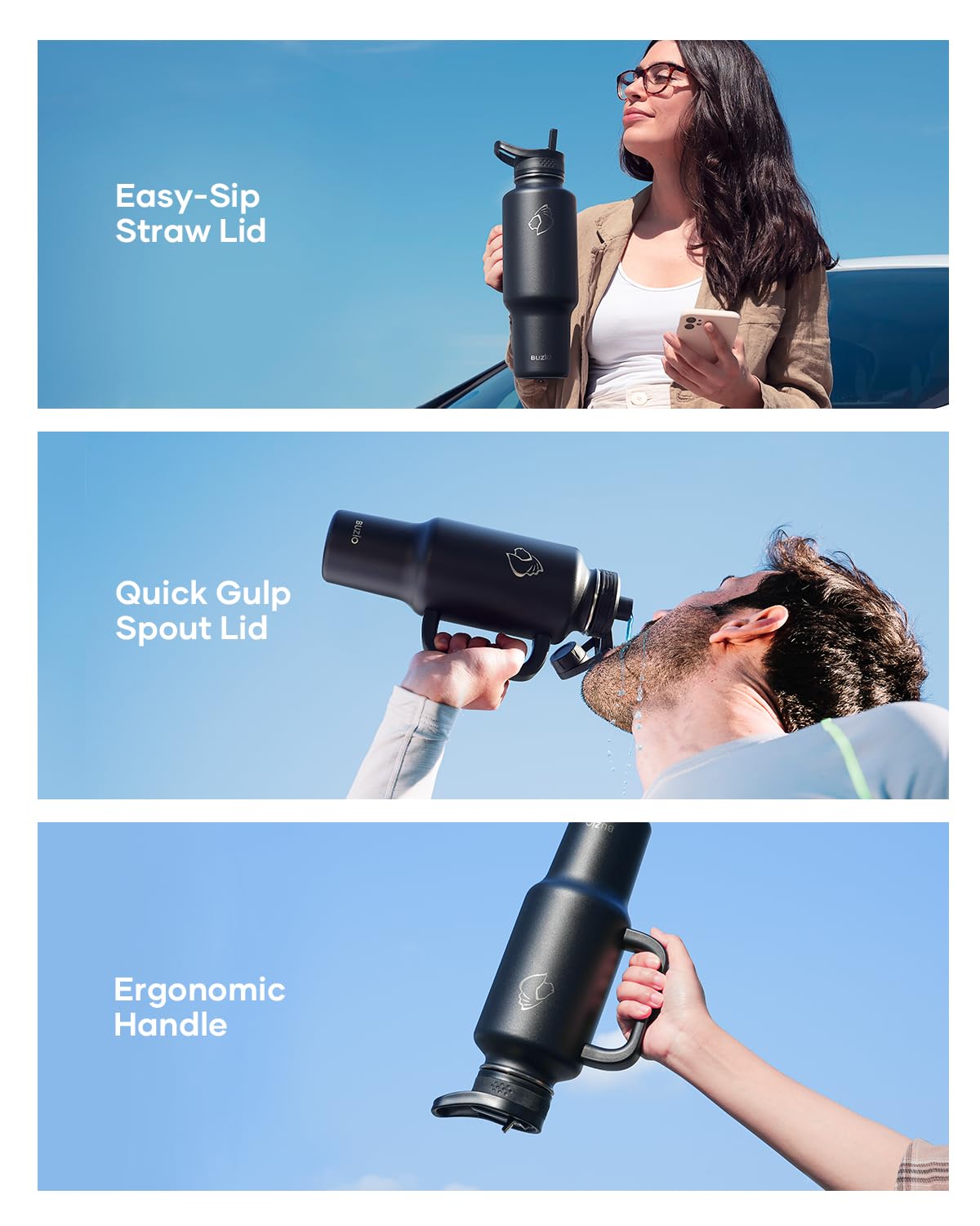 Buzio Insulated Water Bottle With Handle & Flip Straw, 40Oz Metal Travel Tumbler Fits In Cup Holder