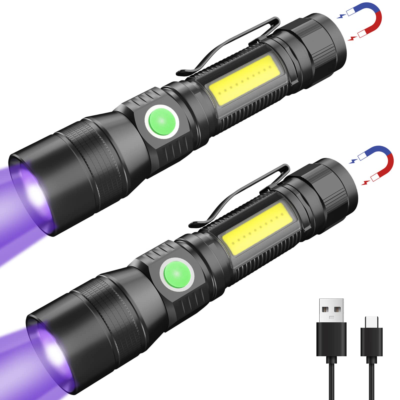 Cosoos 2 Pack Uv Flashlight Black Lights, Usb Rechargeable Uv Light With 7 Modes, Ipx 4 Waterproof, Zoomable Pet Urine Detector For Stains, Bed Bugs, Scorpions, Emergency