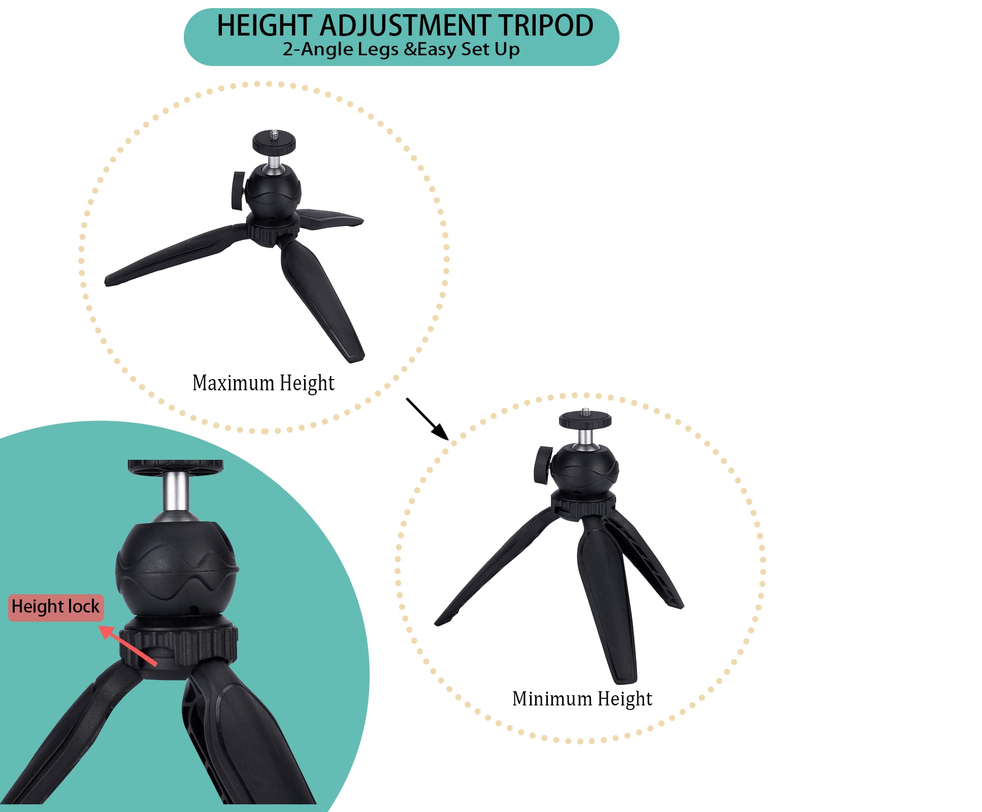 Ytvariw Mini Camera Tripod With Phone Holder & Gopro Mount,360° Ball Head Extendable Small Selfie Stick Tabletop Tripod Manfrotto Tripod For Dslr Camera,Gopro,Webcam,Iphone,Webcam Portable Cellphone Stand