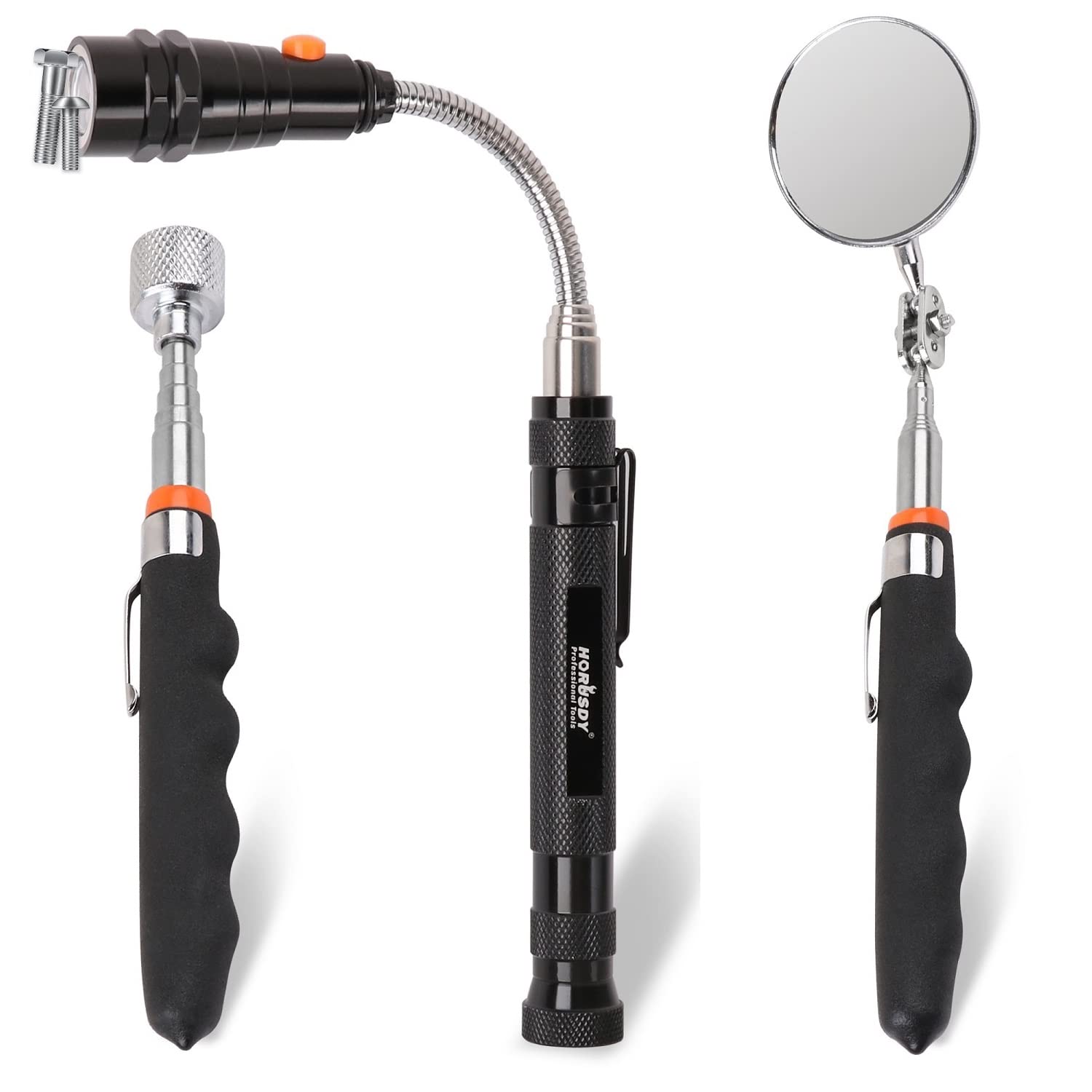 Horusdy 3-Piece 16Lb Telescopic Magnet Stick, Led Flashlight, 360 Swivel Adjustable Inspection Mirror, Diy, Automotive, Household Use
