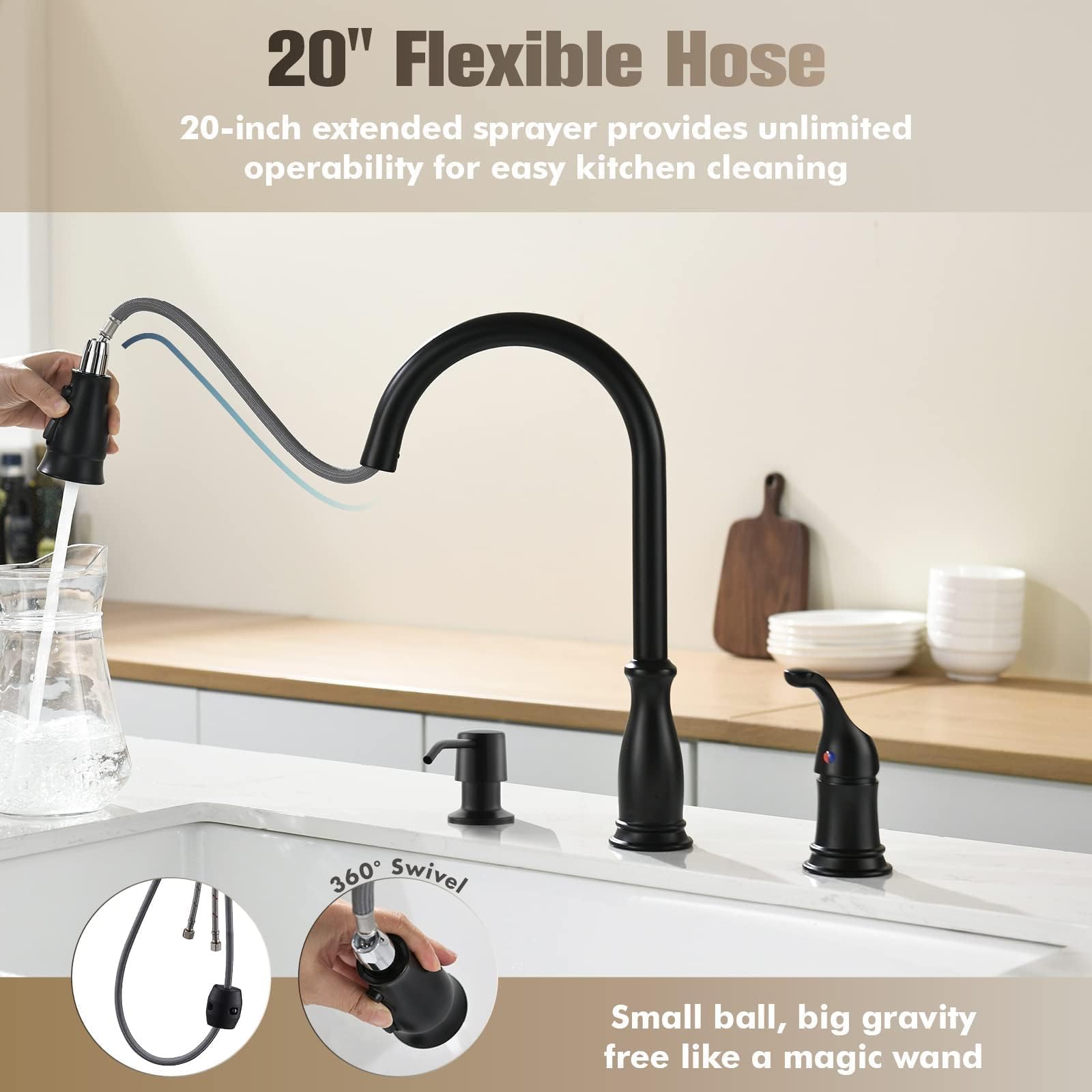 Appaso 3 Hole Kitchen Faucet, 3-Hole Sink Faucets With Pull Down Sprayer, 3 Pieces Black Kitchen Faucet With Soap Dispenser And Side Separate Single Handle High Arc Matte Black For Rv Camp Farmhouse