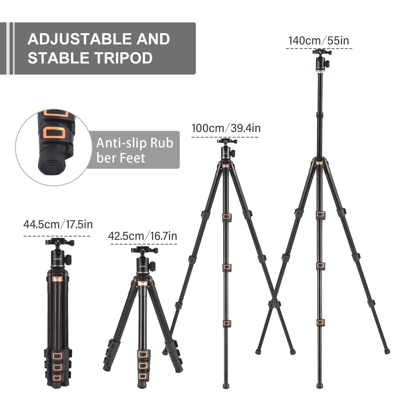 Andoer Portable Camera Tripod Stand Aluminum Alloy 360° Rotating Ball Head 5Kg Load Capacity 150Cm Max Height With Detachable 2 Section Carry Bag