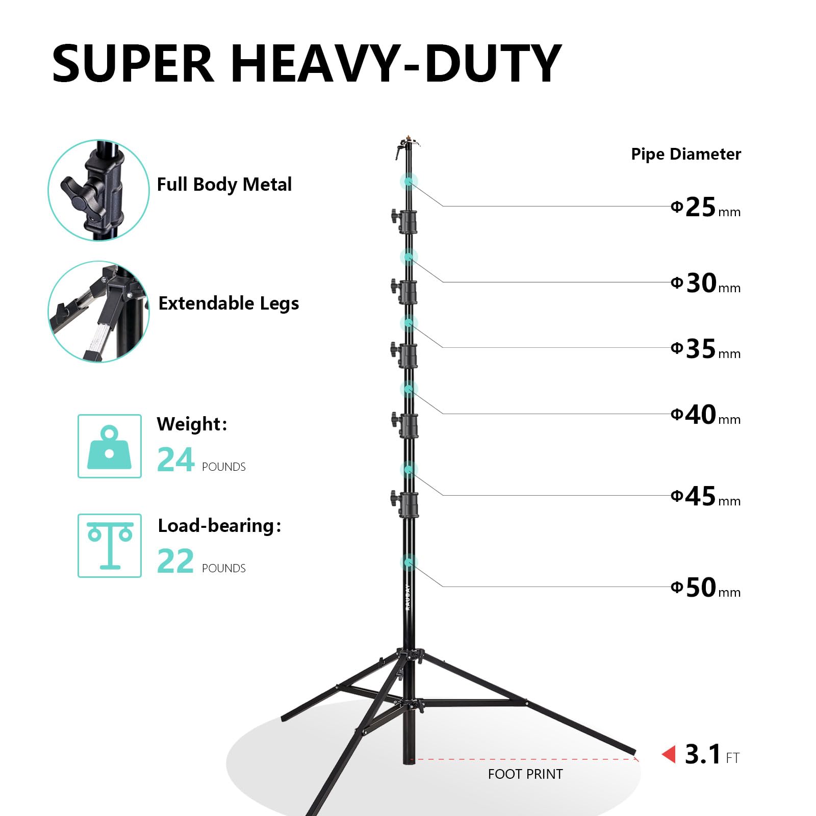 Raubay 24' Tall Tripod Stand, Extreme Tall Heavy Duty Sports Camera Video Tripod, Spring Telescoping Aluminium Alloy Large Light Stand With 1/4"& 3/8" Screw, Professional Sky High Tripod For Outside…