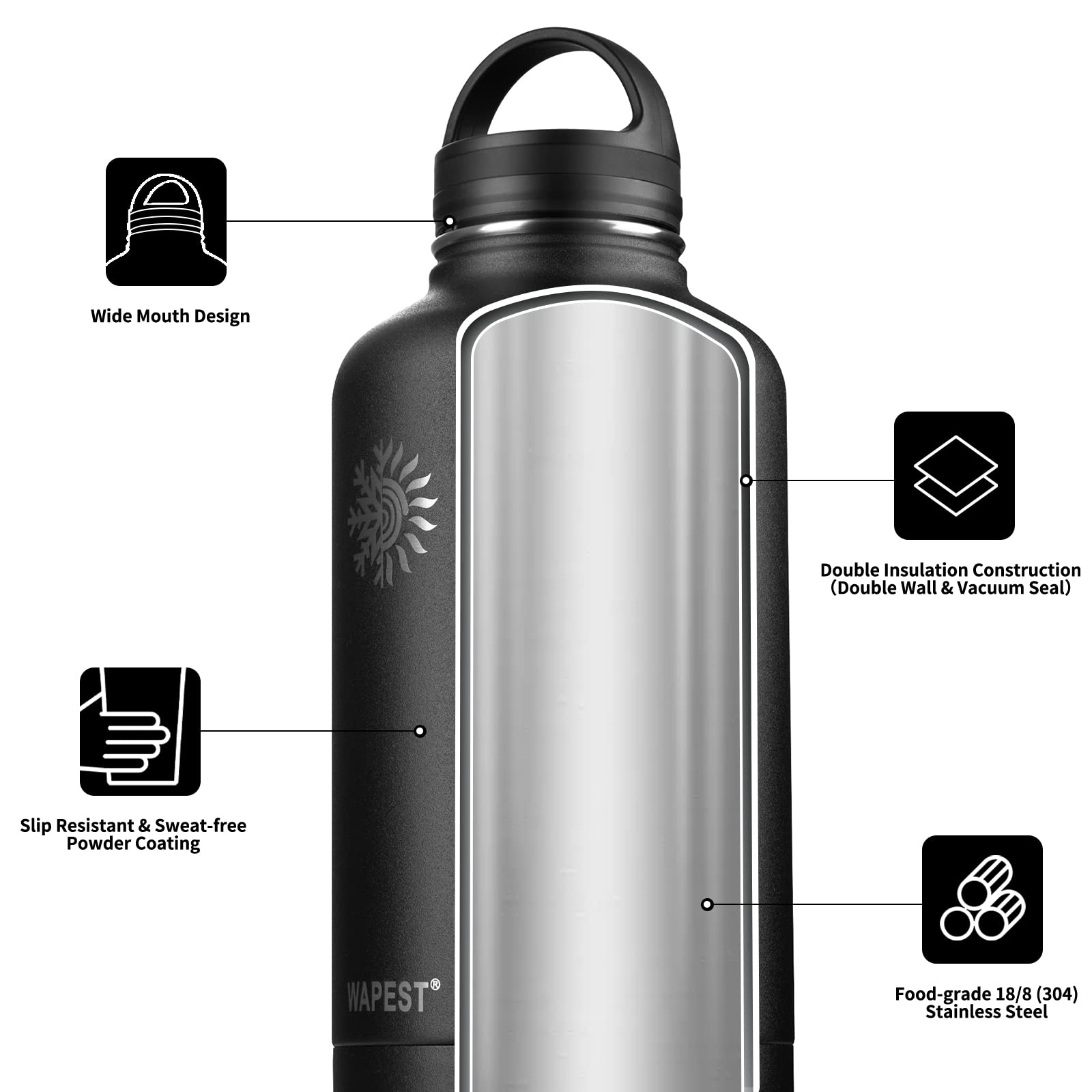 Water Bottle 64 Oz With Paracord Handle & Cleaning Brush, 64 Oz Double Wall Vacuum Metal Stainless