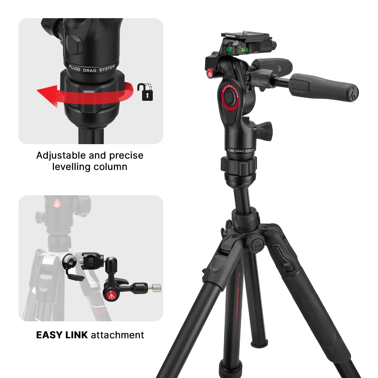 Manfrotto Be Gt Pro 4-Section Aluminum Travel Tripod With 3-Way Pan/Tilt Head, Black