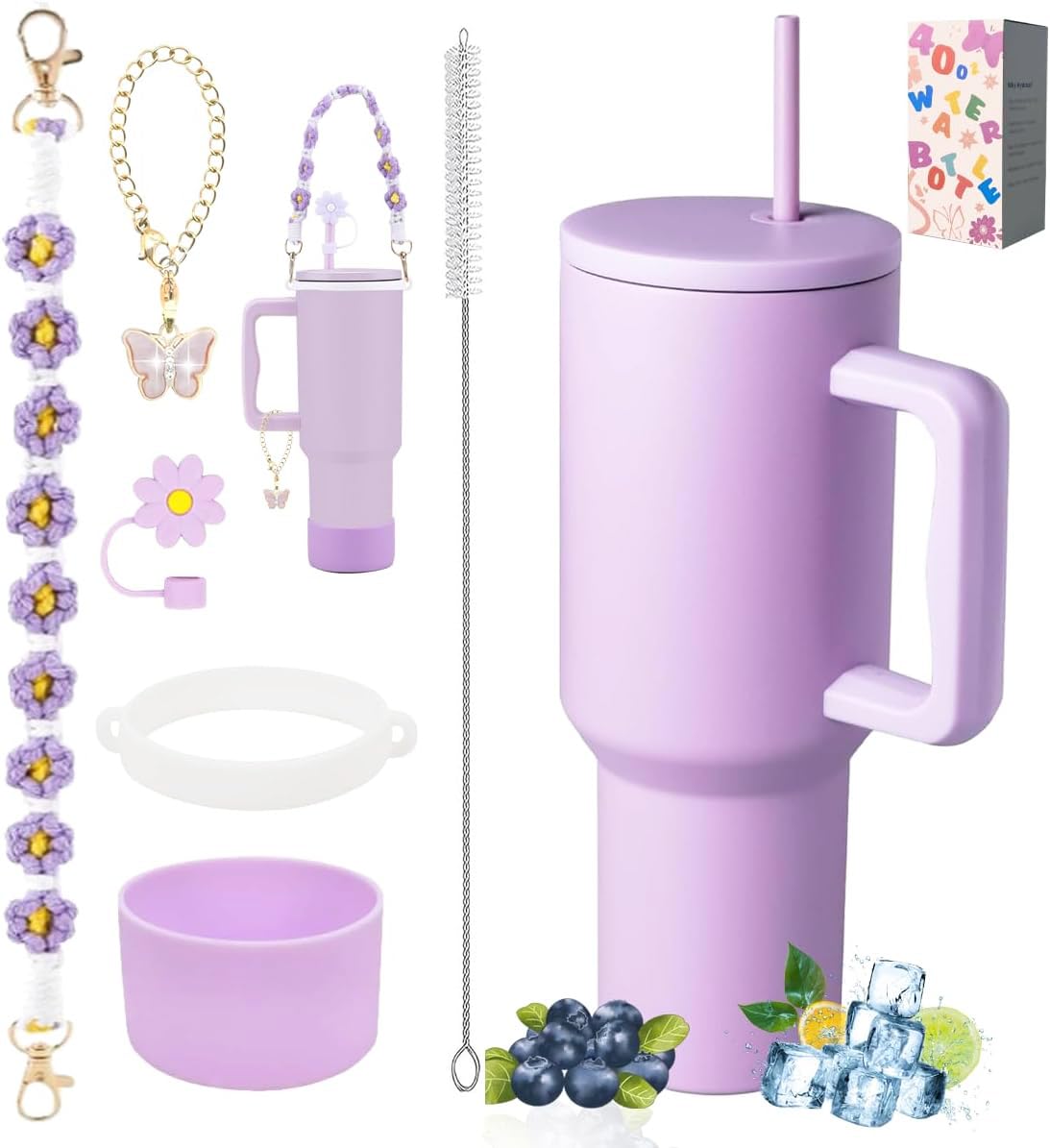 40 Oz Tumbler With Handle Straw And Accessories, Drop & Abrasion Resistant, Vacuum Double-Laye