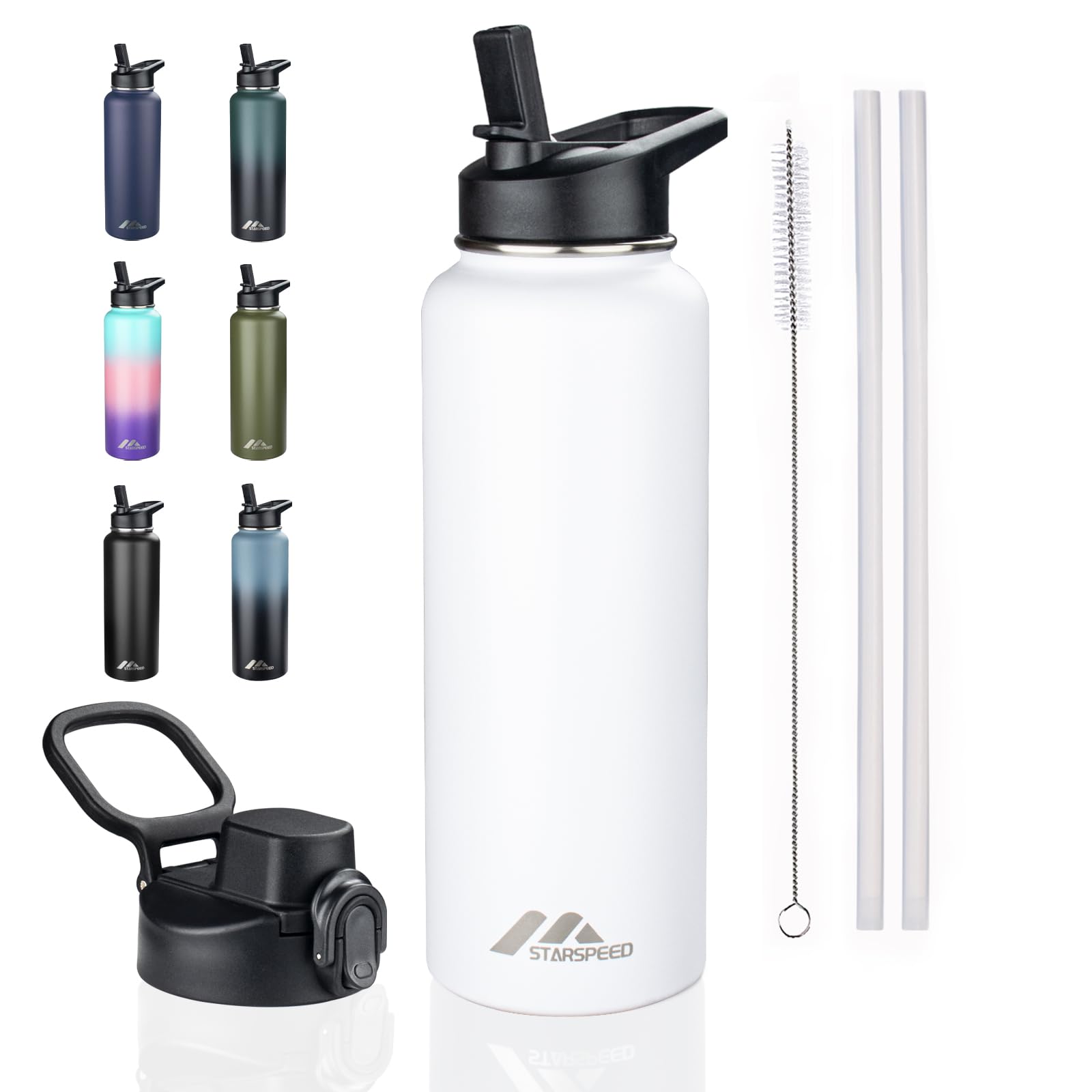 Starspeed 40Oz Insulated Water Bottle With Straws & 2 Lids, Stainless Steel Double Walled Vacuum
