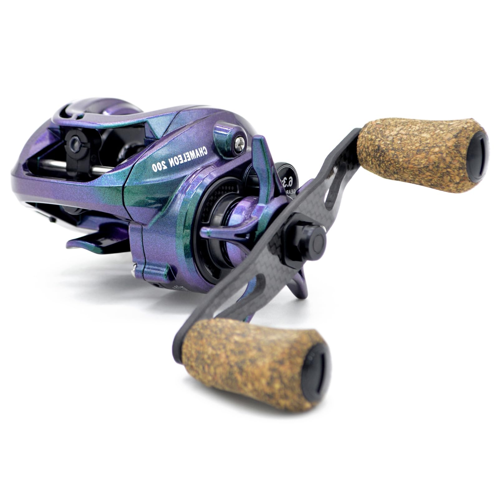 Camekoon Chameleon 200 Baitcasting Fishing Reel, Only 6.5 Ounces. Carbon Fiber Frame & Side Covers, 9+1 Stainless Steel Ball Bearings, Magnetic Brakes, Dual Cork Handles, Low Profile Baitcaster