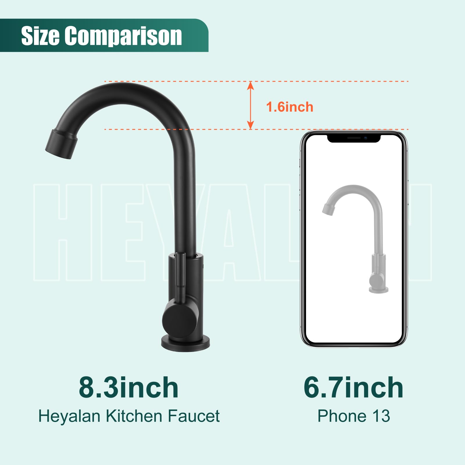 Heyalan Cold Water Only Kitchen Faucet Single Handle 1 Hole Deck Mount Sus304 Stainless Steel Sink Bar Tap Goose Neck,8.3Inch,Matte Black