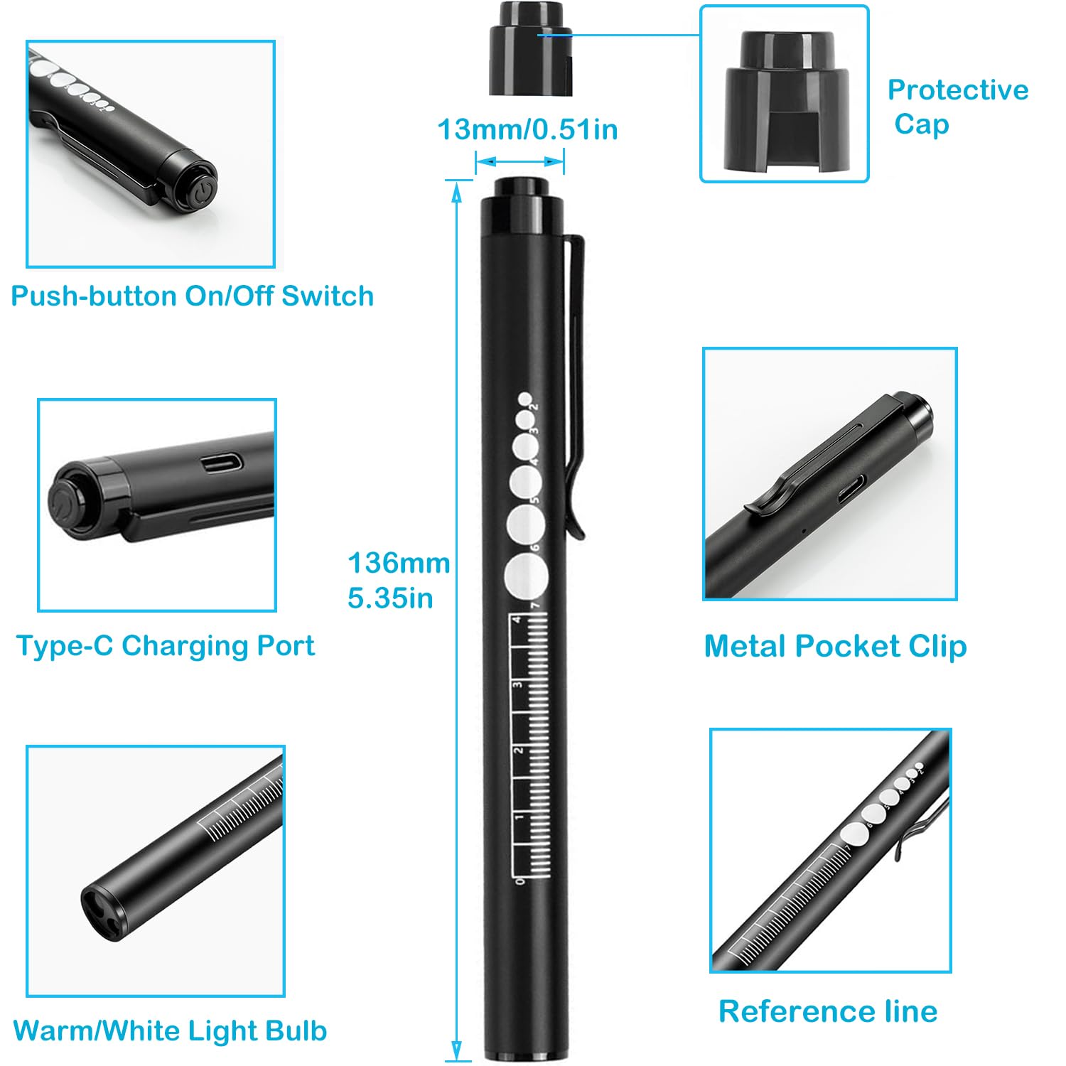 Yuentoen 2Pcs Pen Light, Led Pupil Gauge Penlight With 2 Light Led Sources, Usb Rechargeable Mini Penlight For Home Camping Outdoor And Emergency (Black+Silver)