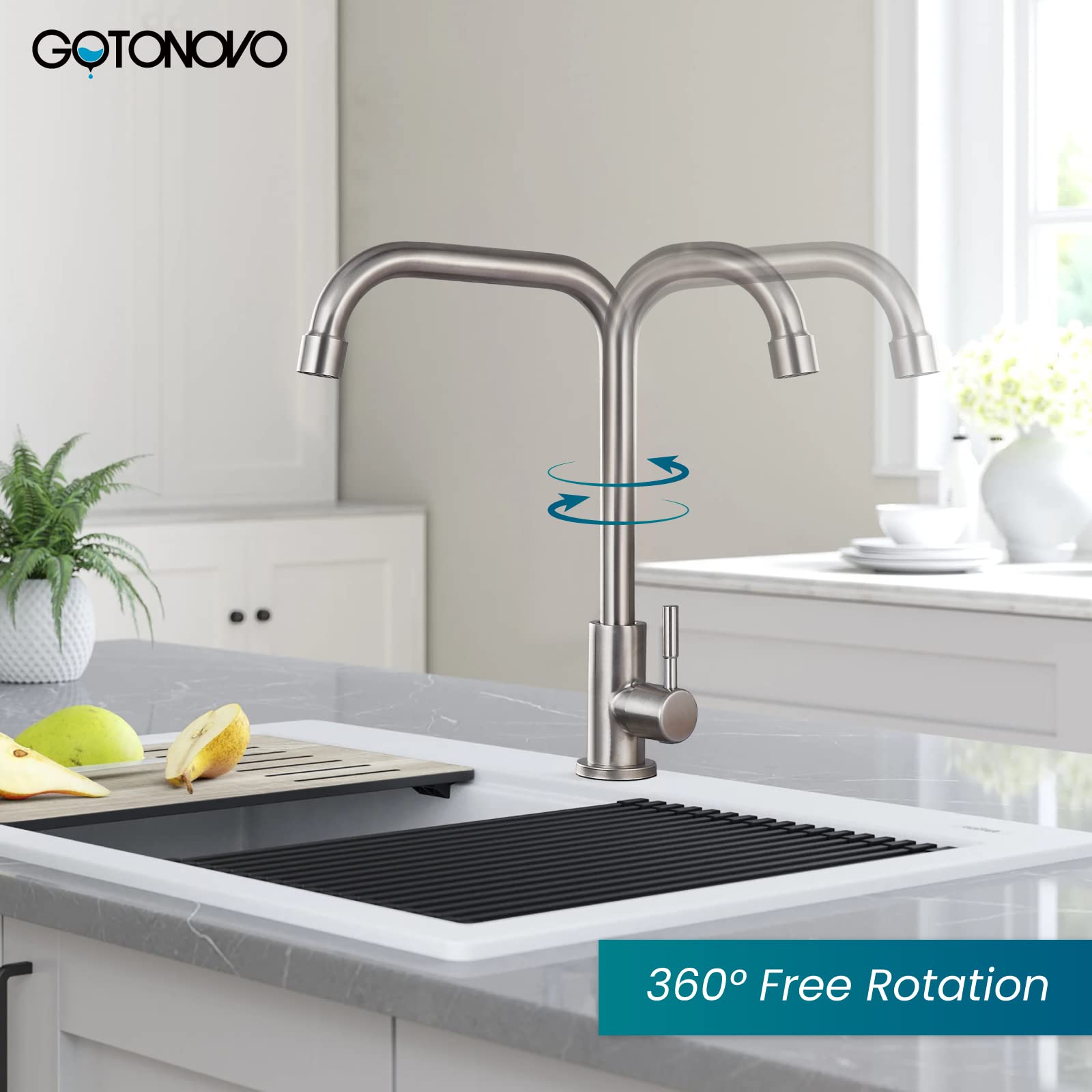 Gotonovo 304 Stainless Steel Cold Water Kitchen Faucet Commercial Tap 90 Degree Bar Faucet Single Lever Brushed Nickel Modern Saving Water