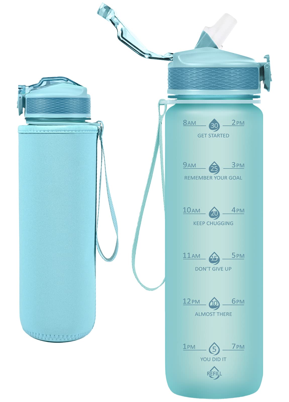 Water Bottle With Straw, Motivational 32 Oz Water Bottles With Time Marker & No Sweat Sleeve