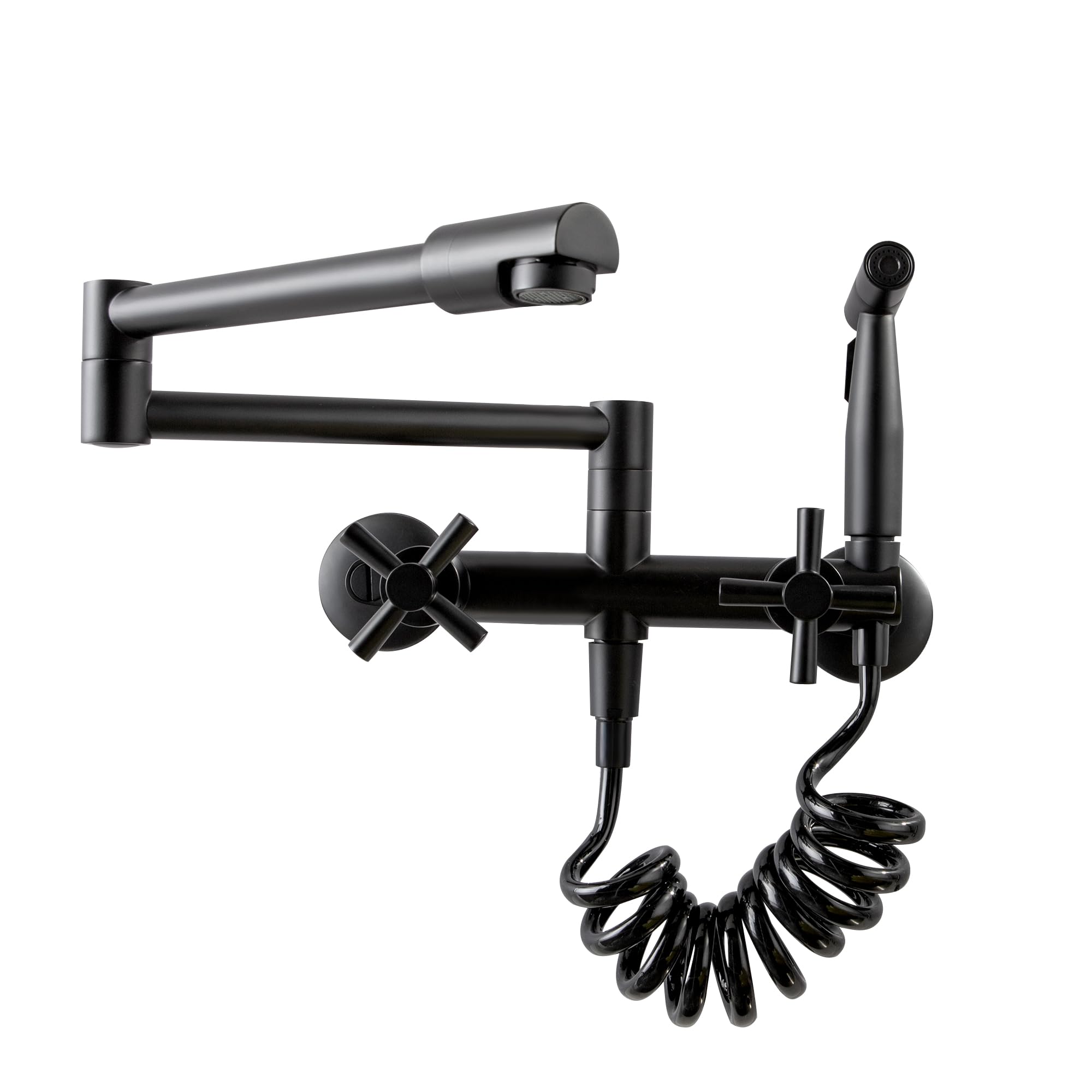 Dolgaba Wall Mount Kitchen Faucet Commercial Pot Filler 8 Inch Center 2 Handles Folding Wall Mounted Faucet For Kitchen Sink With Side Sprayer, Matte Black