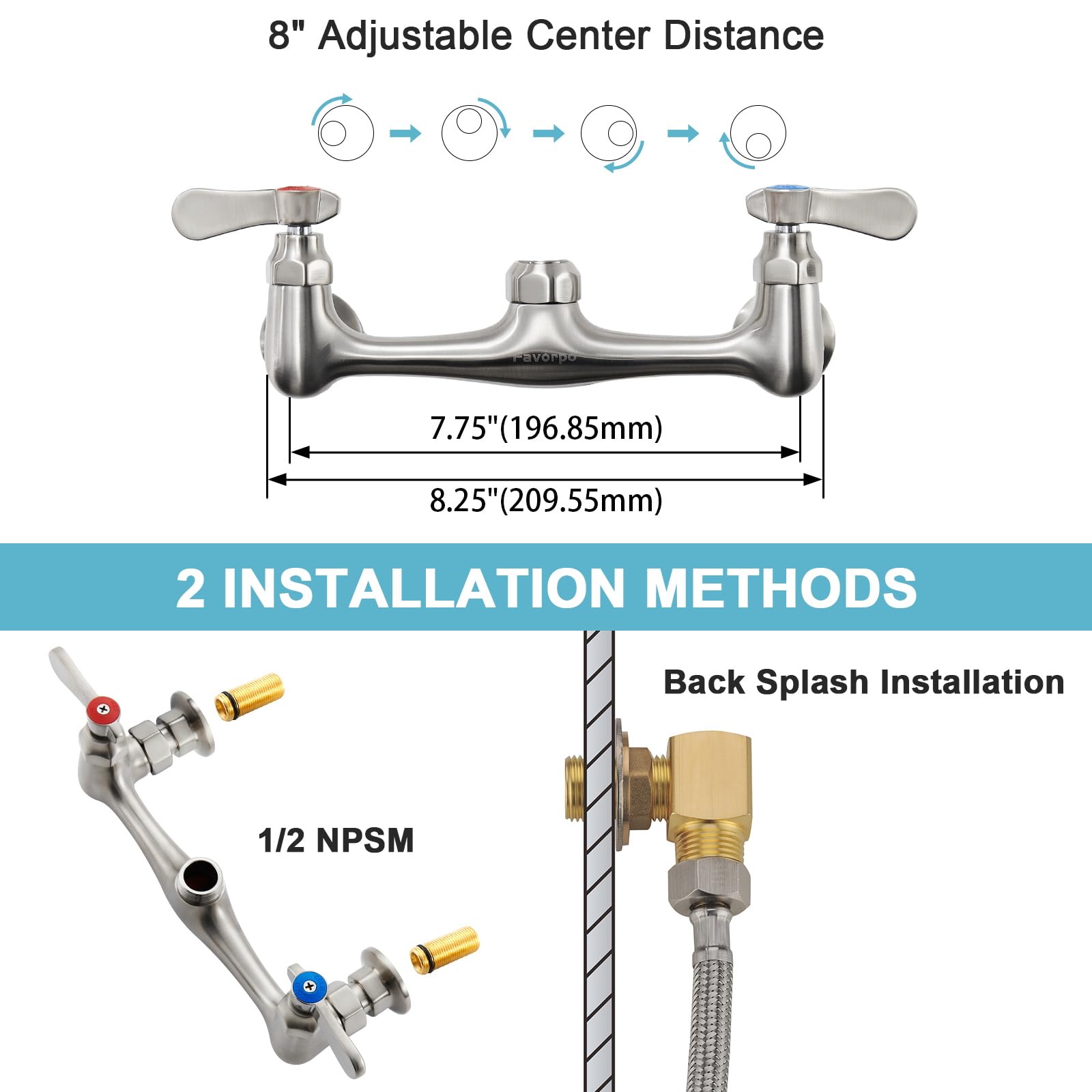 Favorpo Wall Mount Kitchen Sink Faucet 8 Inch Center Wall Mounted Commercial Faucet With 8 Inches Swivel Spout 2 Handle For Utility Laundry Room Restaurant Sink