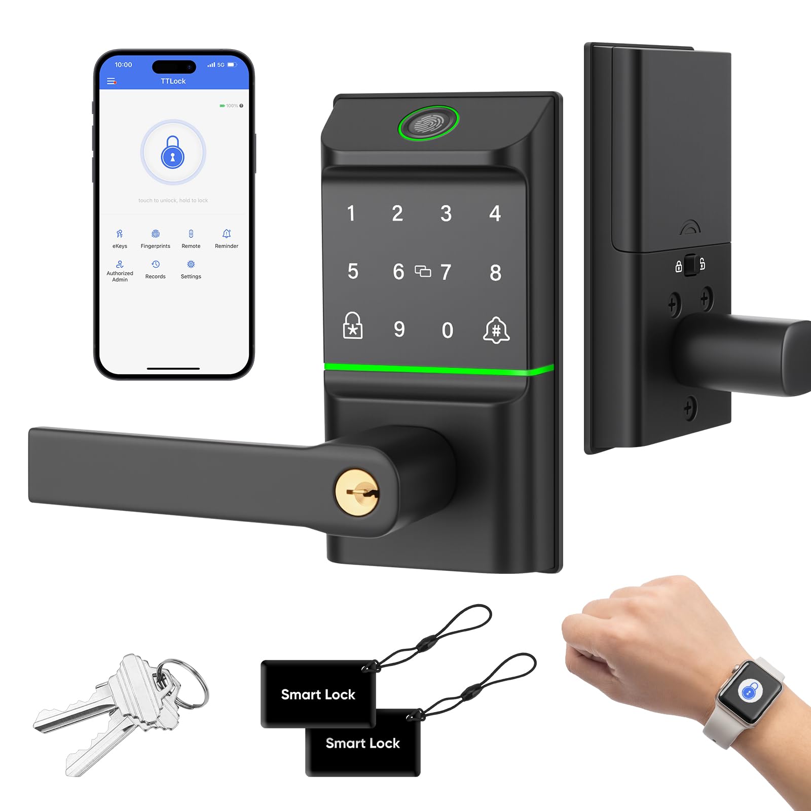 Mypin Keypad Smart Door Lock With Handle, Keyless Entry Door Lock Deadbolt For Front Door, Smart Auto Lock Door With Phone/Watch App Control, Biometric Fingerprint Door Handle Lock With 7 Ways To Unlock