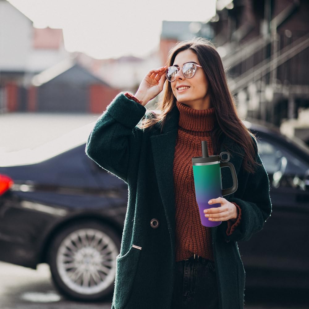 40 Oz Tumbler With Handle And Straw Lid,Leak Proof Metal Sports Water Bottle Jug,Stainless Steel