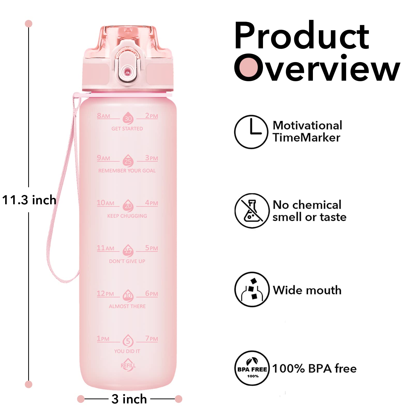32Oz Motivational Water Bottles With Time Marker & Fruit Strainer, Single Color Water Bottle