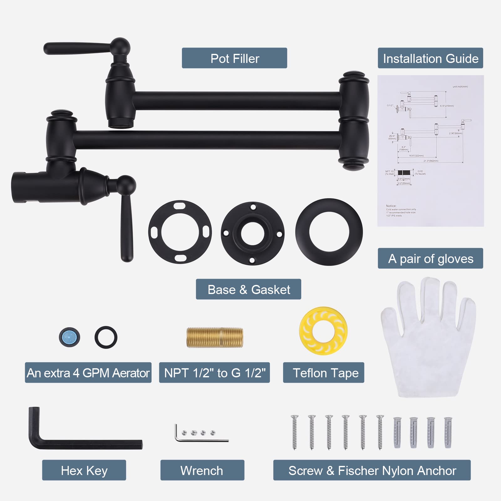 Arcora Black Pot Filler, Modern Wall Mount Kitchen Folding Faucet With 2 Handles, Double Joint Swing Arms, Brass Stove Faucet