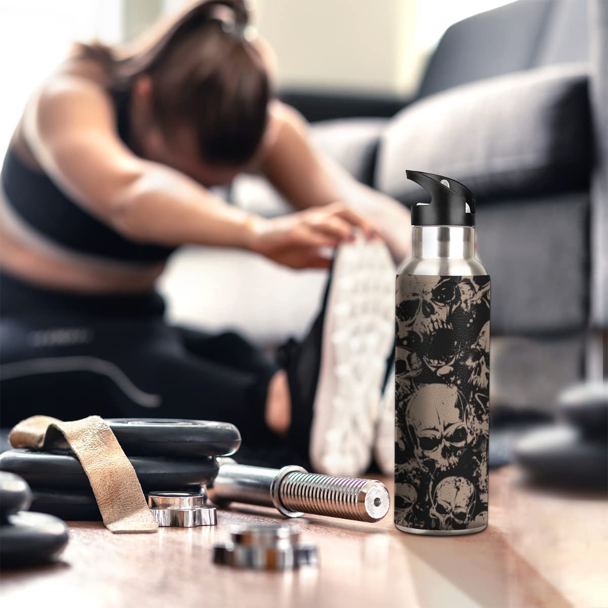 Insulated Stainless Steel Water Bottle With Straw 20Oz Retro Vintage Skull Skeleton Gothic Sports