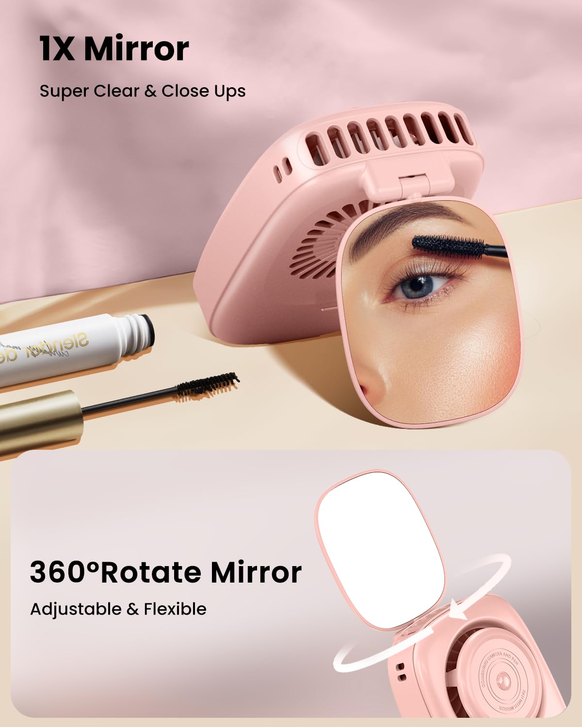 Gaiatop Mini Neck Fan, Rechargeable Led Power Display 3 Speed 360°Rotate Lash Makeup Mirror Cute